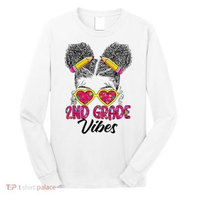 Second 2nd Grade Vibes Messy Bun Back To School Afro Long Sleeve Shirt