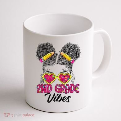 Second 2nd Grade Vibes Messy Bun Back To School Afro Coffee Mug back