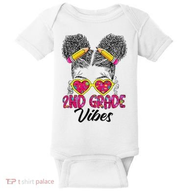 Second 2nd Grade Vibes Messy Bun Back To School Afro Baby Bodysuit