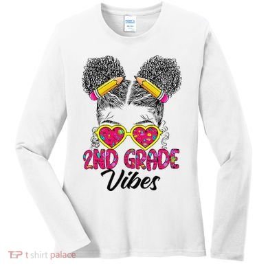 Second 2nd Grade Vibes Messy Bun Back To School Afro Women's Long Sleeve Shirt