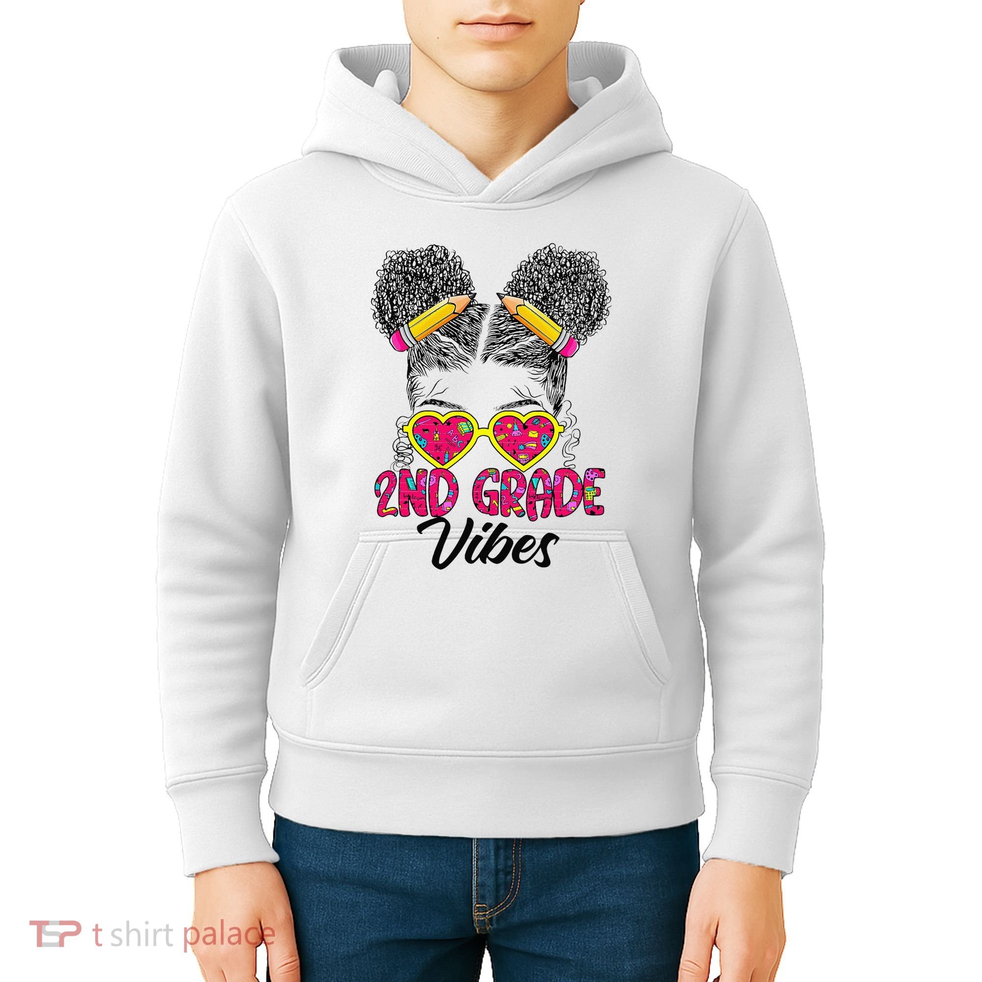 Second 2nd Grade Vibes Messy Bun Back To School Afro Kids Hoodie