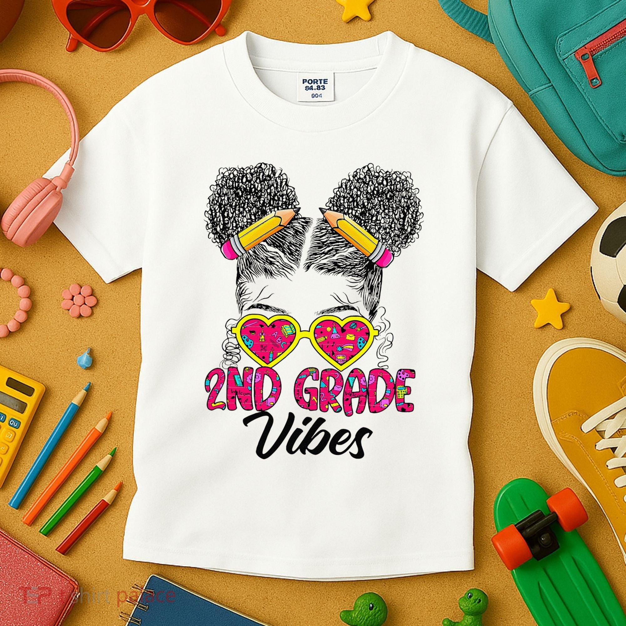 Second 2nd Grade Vibes Messy Bun Back To School Afro Kids T-Shirt