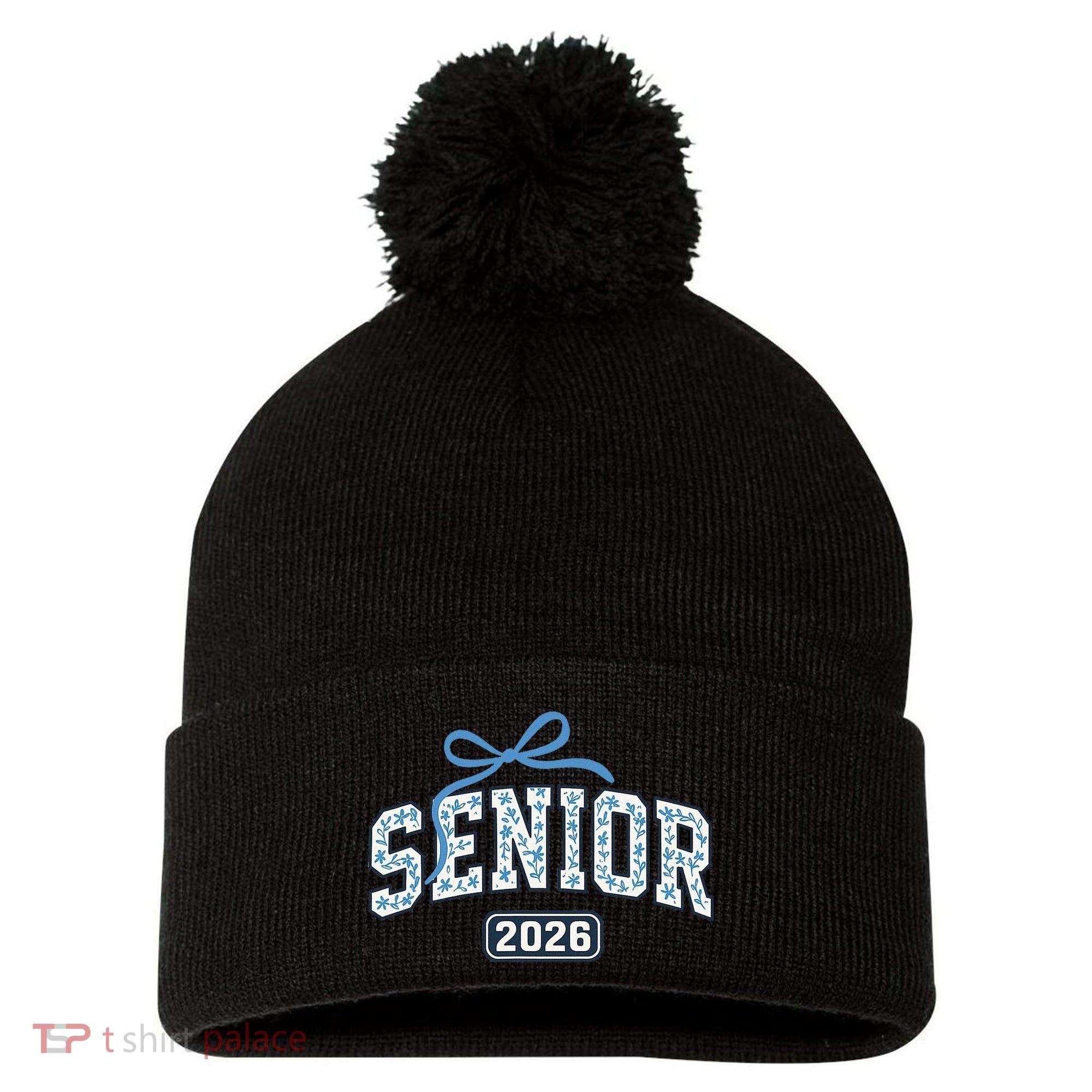 Senior 2026 Graduation Floral Pattern Pom Pom 12in Knit Beanie