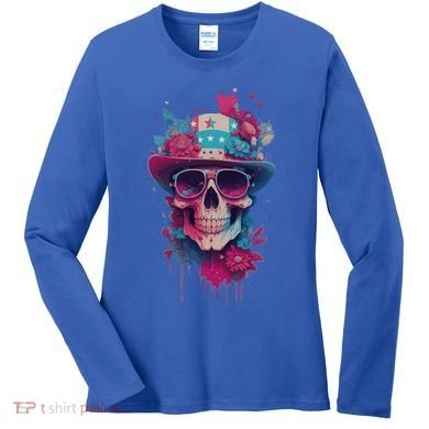 Skull 4th Of July Uncle Sam Skull American Flag Patriotic Meaningful Gift Women's Long Sleeve Shirt