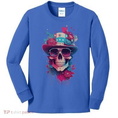 Skull 4th Of July Uncle Sam Skull American Flag Patriotic Meaningful Gift Kids Long Sleeve Shirt