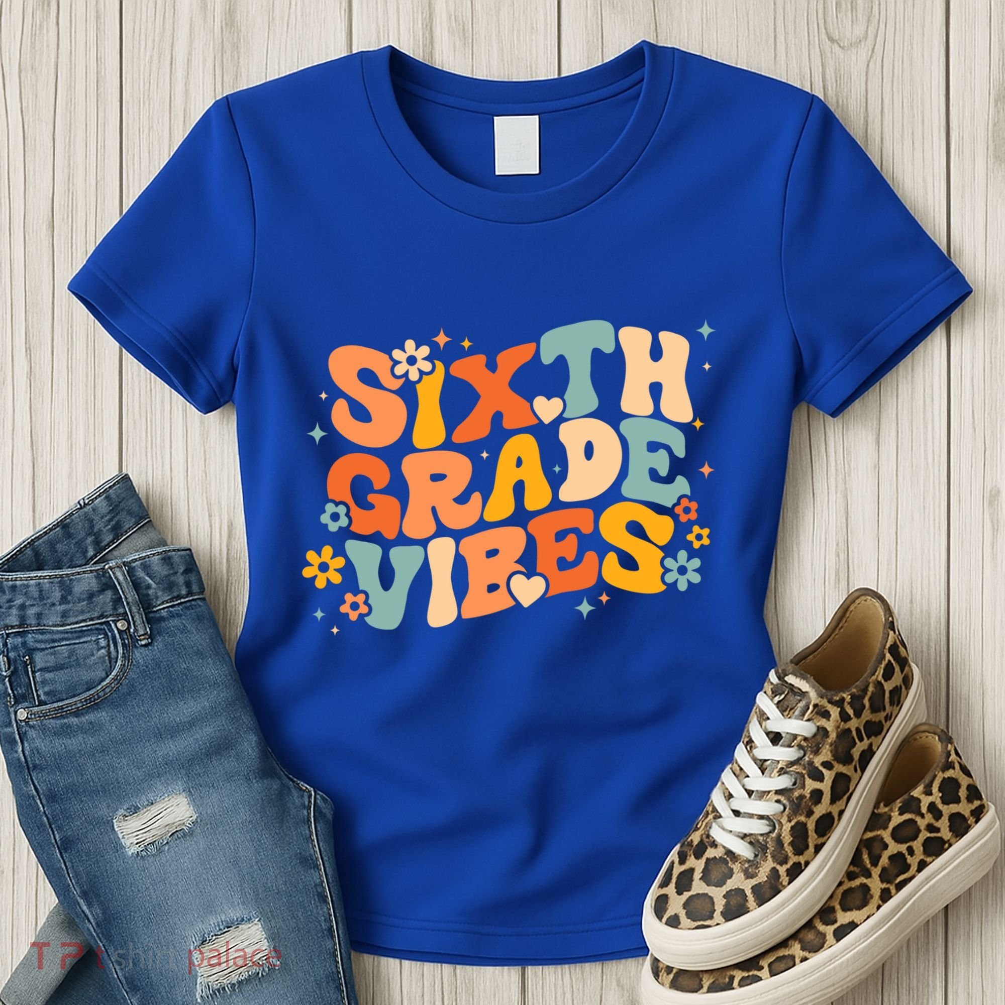 School 6Th Sixth Grade Vibes Hearts Retro Groovy 70S Flowers Gift Women's T-Shirt