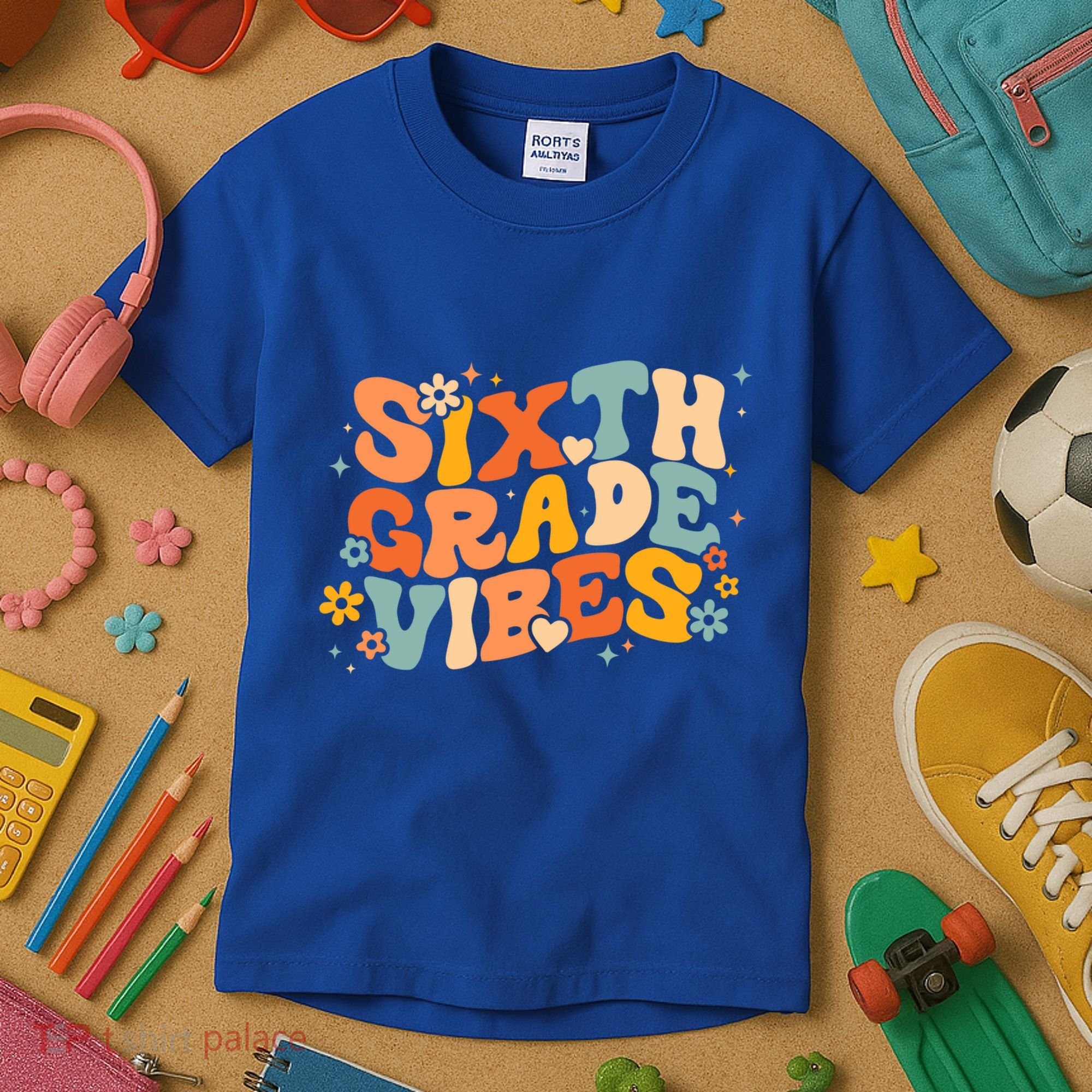 School 6Th Sixth Grade Vibes Hearts Retro Groovy 70S Flowers Gift Kids T-Shirt