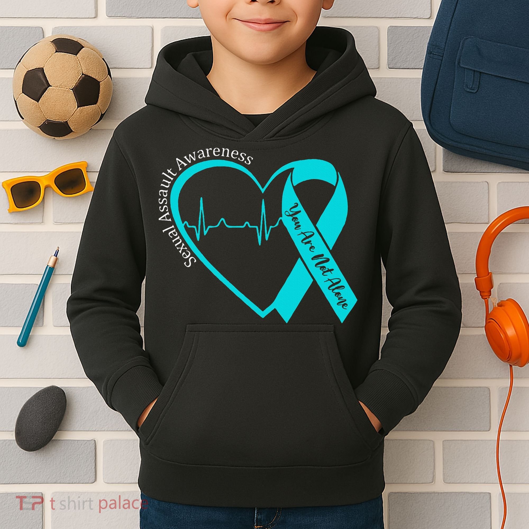 Sexual Assault Awareness Month Heart Teal Ribbon Support Kids Hoodie