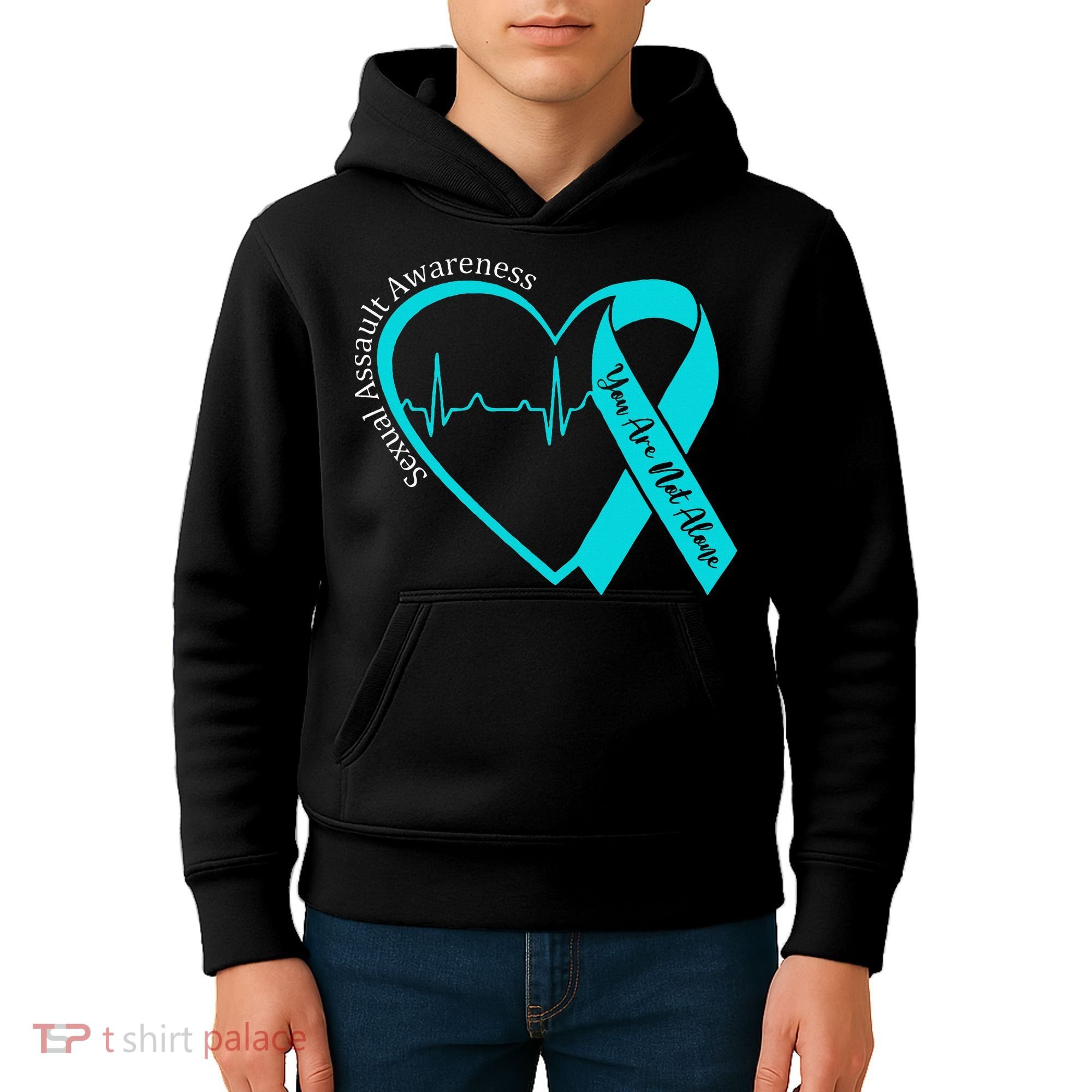 Sexual Assault Awareness Month Heart Teal Ribbon Support Kids Hoodie