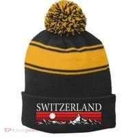 Swiss Alps And Red Sunset Switzerland Mountains Stripe Pom Pom Beanie thumb 0