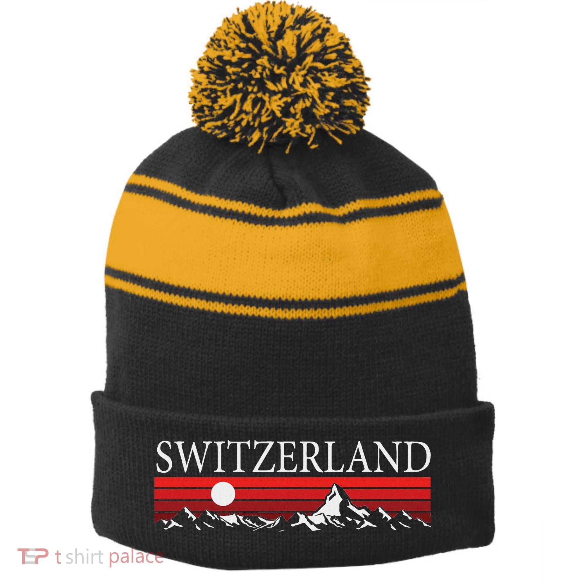 Swiss Alps And Red Sunset Switzerland Mountains Stripe Pom Pom Beanie