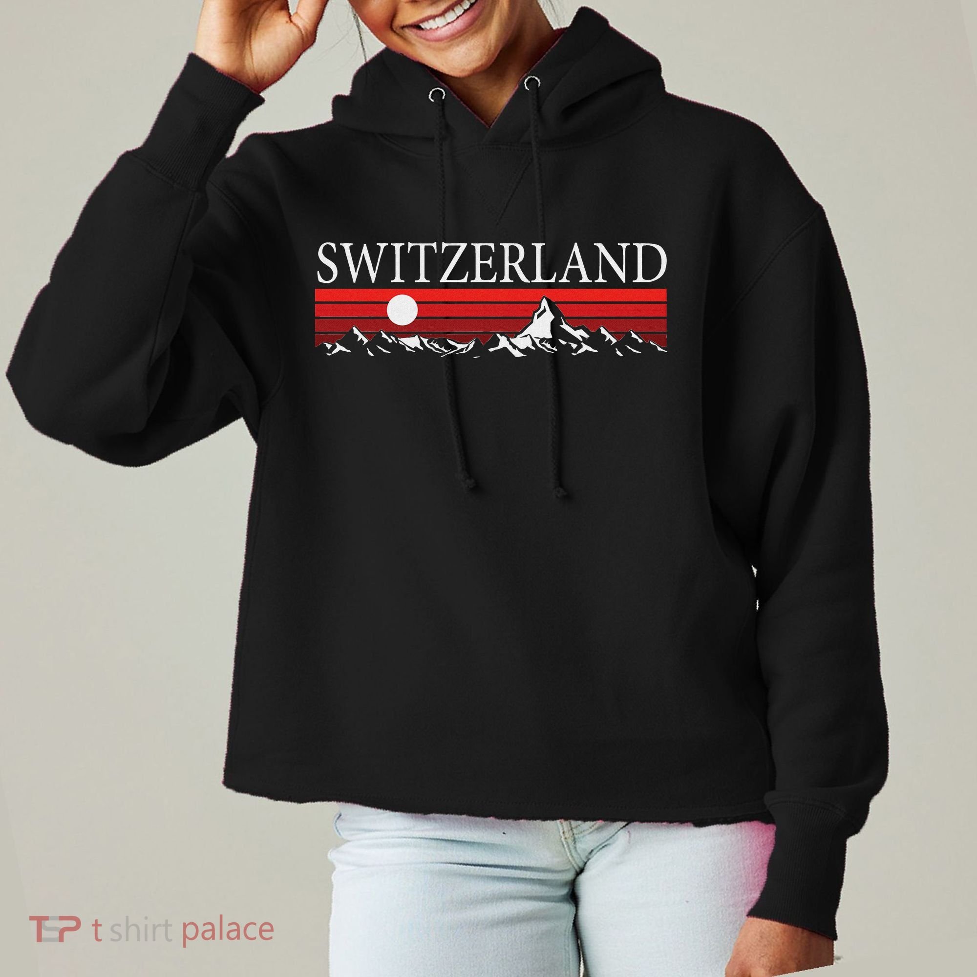 Swiss Alps And Red Sunset Switzerland Mountains Ladies Heavyweight Boxy Pullover Hoodie