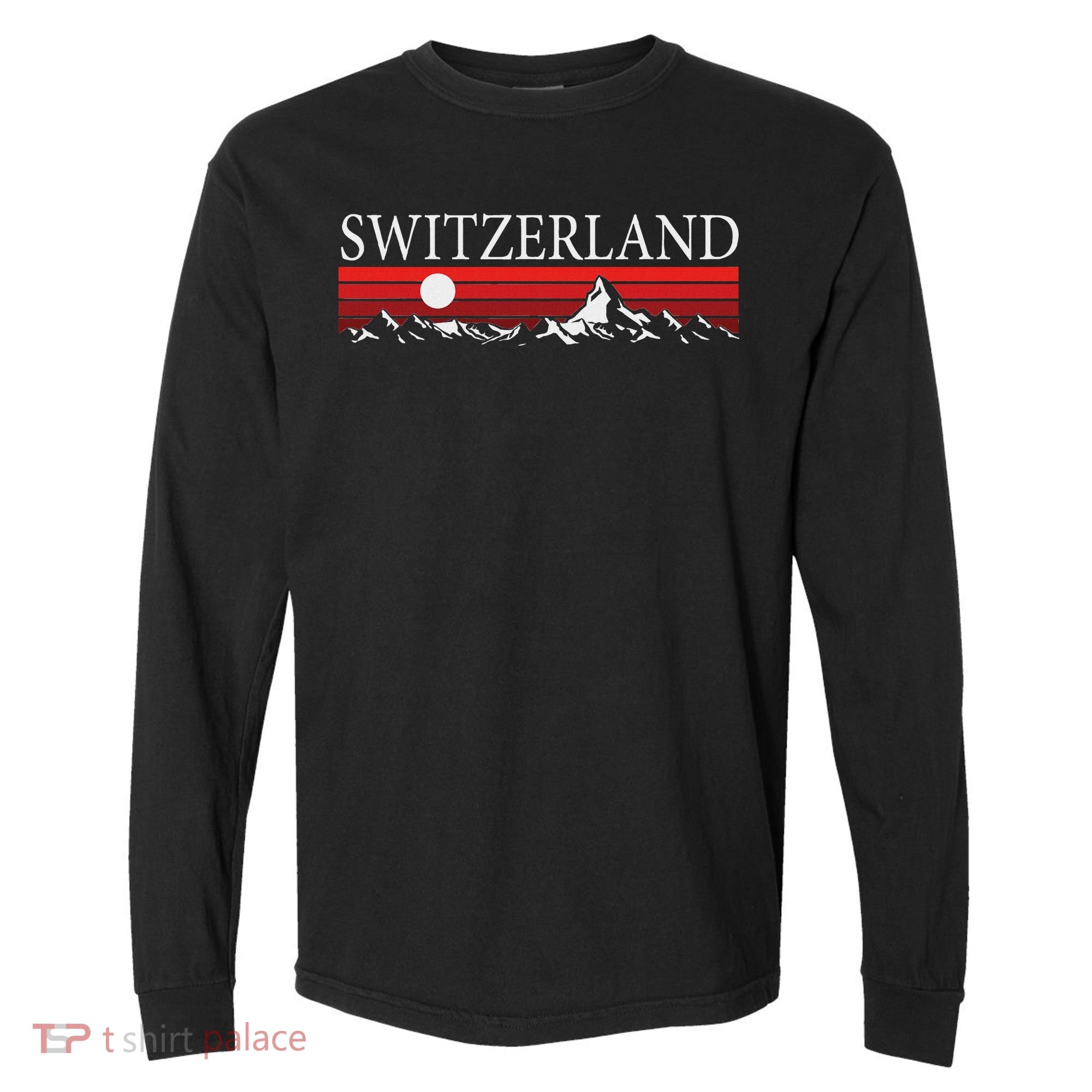 Swiss Alps And Red Sunset Switzerland Mountains Comfort Colors Heavyweight Long Sleeve T-Shirt