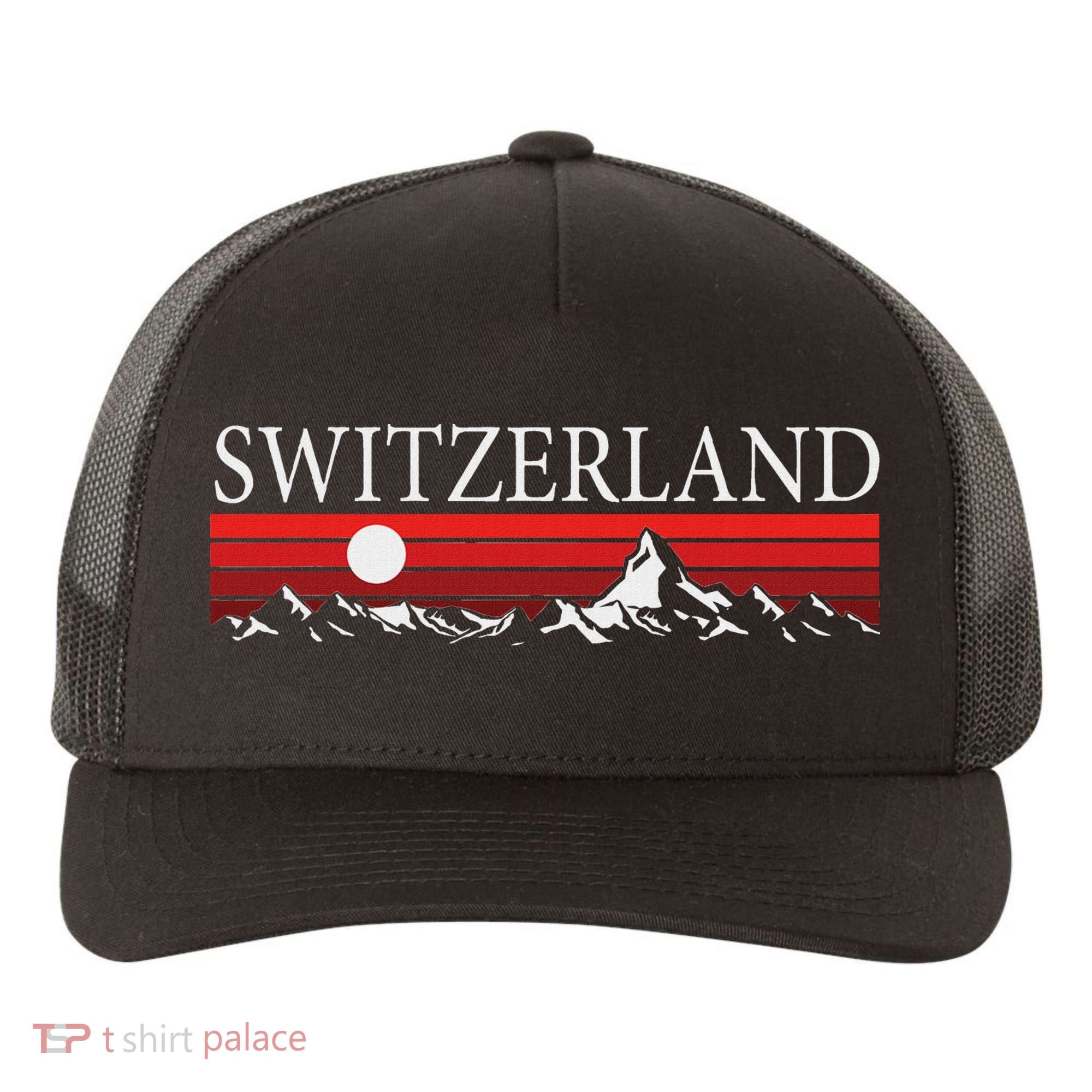 Swiss Alps And Red Sunset Switzerland Mountains Yupoong Adult 5-Panel Trucker Hat