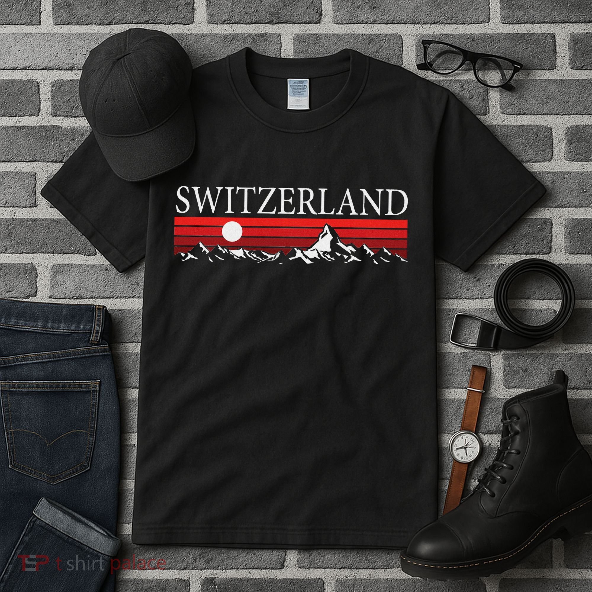 Swiss Alps And Red Sunset Switzerland Mountains Tall T-Shirt