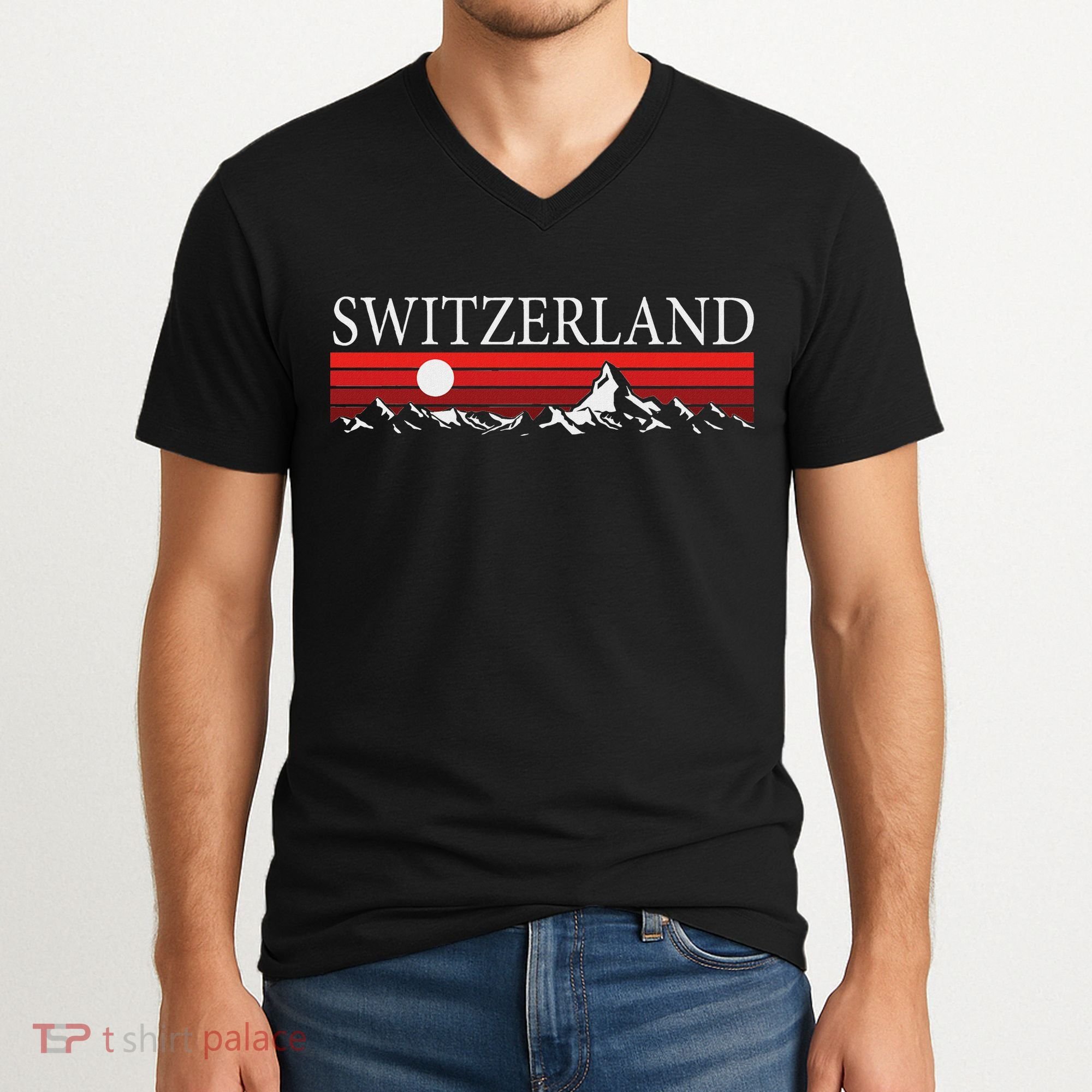 Swiss Alps And Red Sunset Switzerland Mountains V-Neck T-Shirt