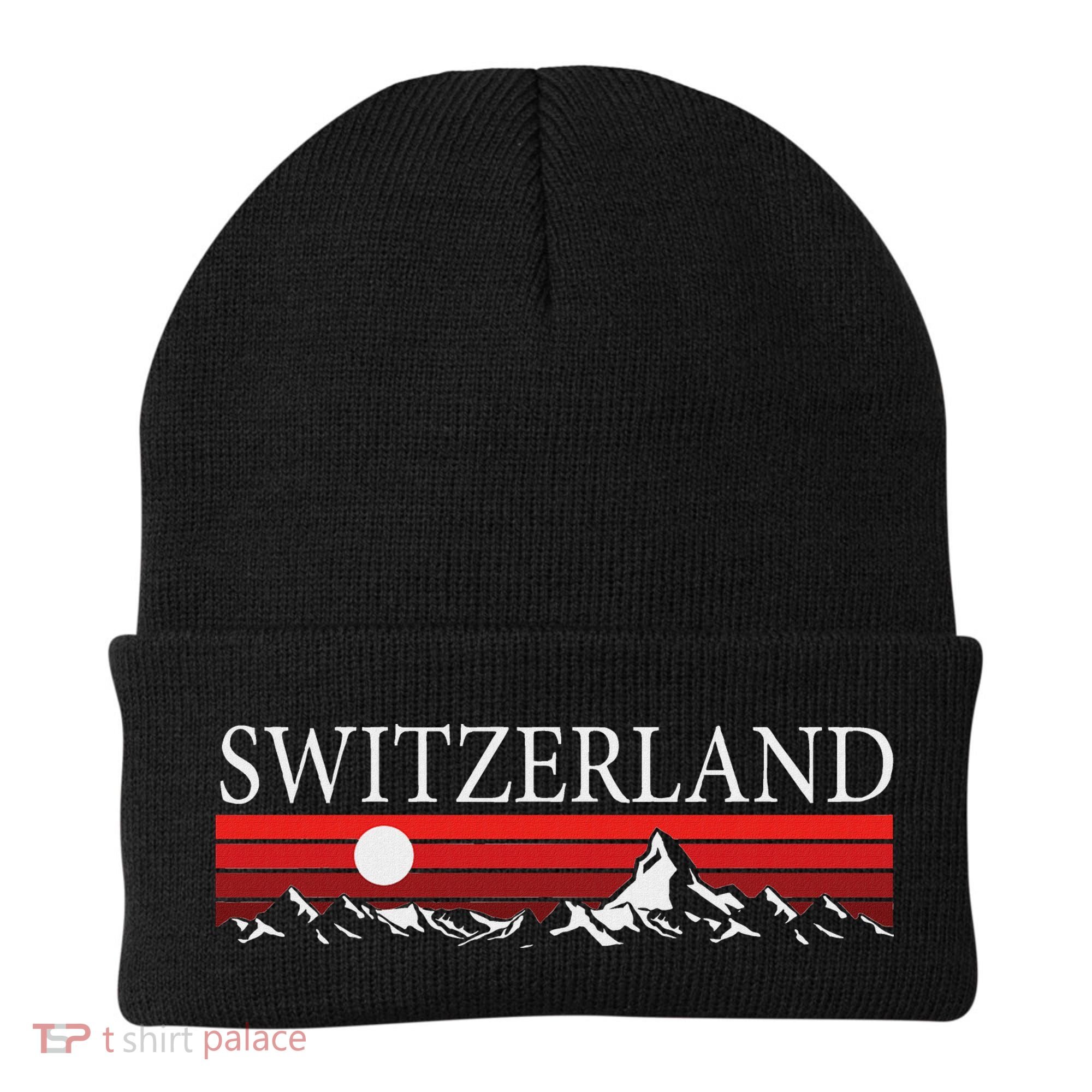 Swiss Alps And Red Sunset Switzerland Mountains Beanie
