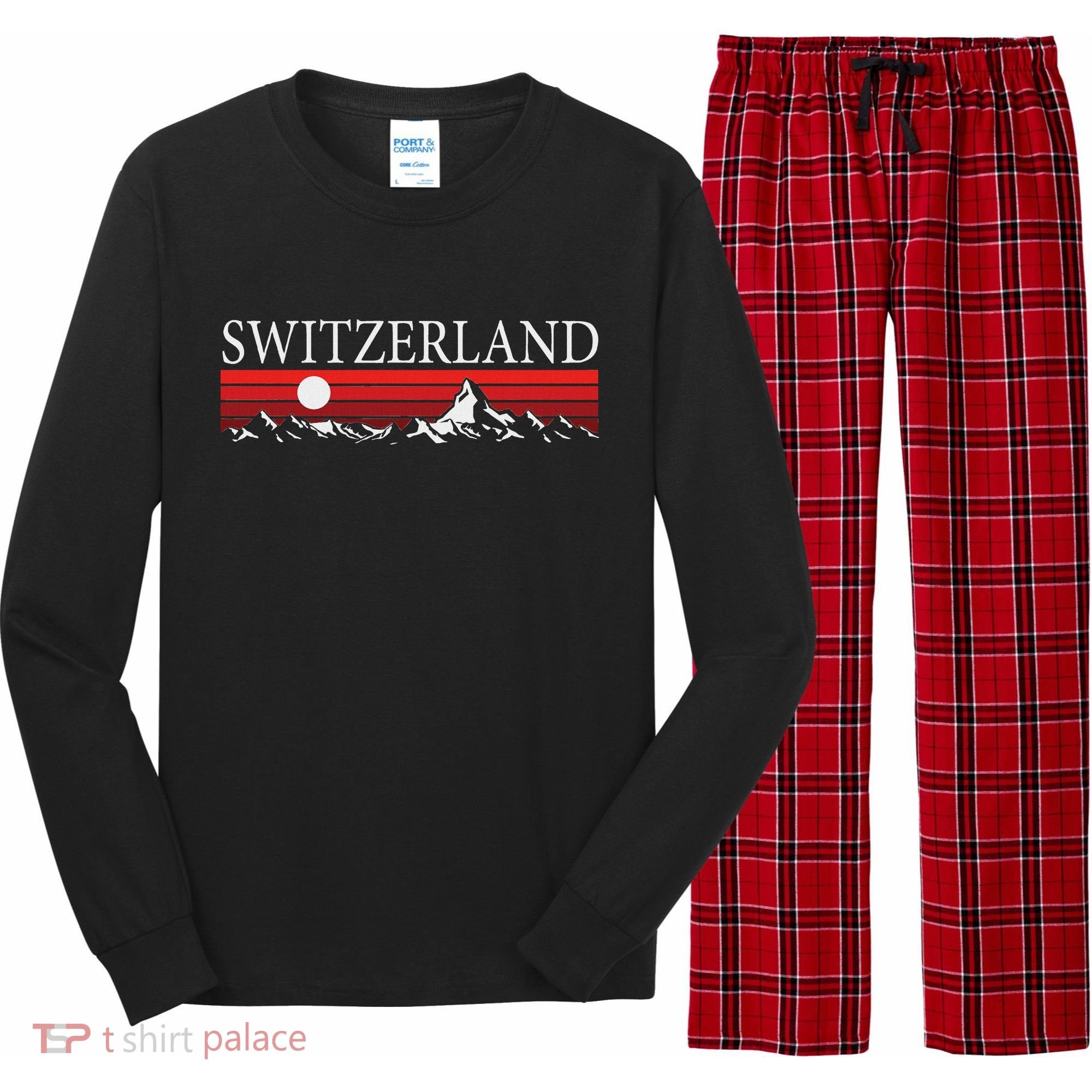 Swiss Alps And Red Sunset Switzerland Mountains Long Sleeve Pajama Set