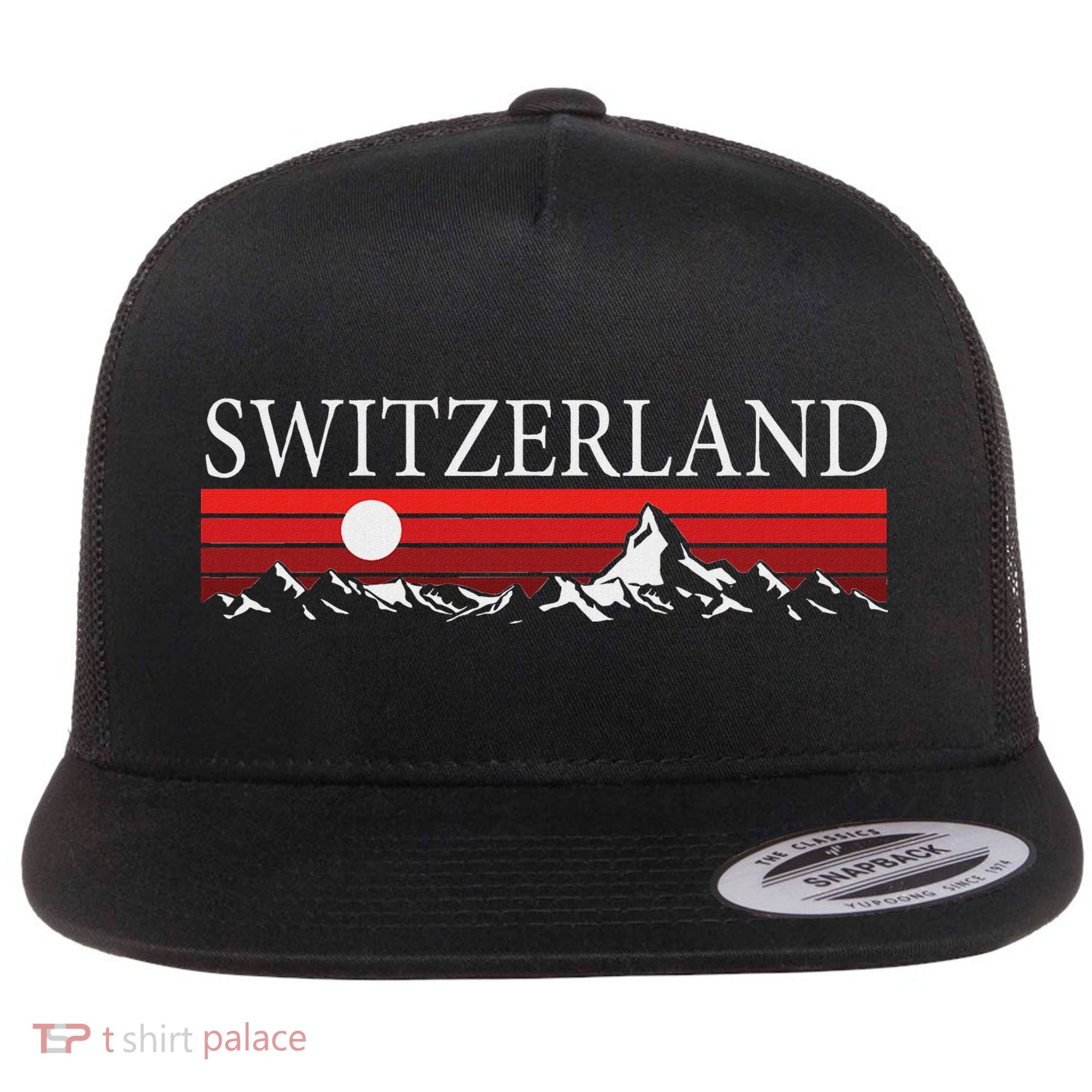 Swiss Alps And Red Sunset Switzerland Mountains Flat Bill Trucker Hat
