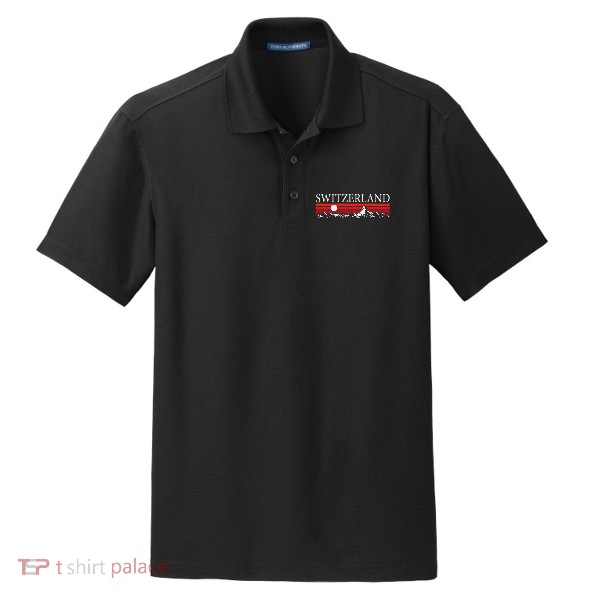 Swiss Alps And Red Sunset Switzerland Mountains Dry Zone Grid Polo