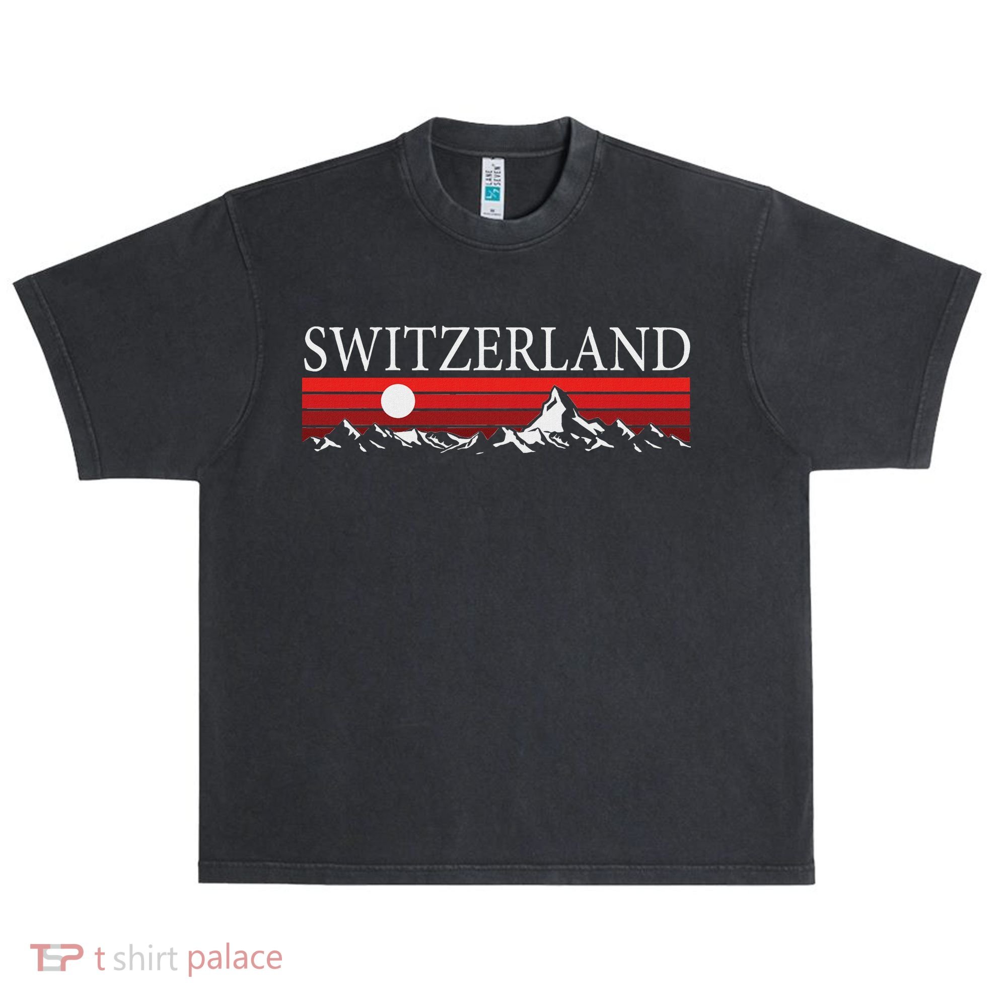 Swiss Alps And Red Sunset Switzerland Mountains Urban Oversized Heavyweight T-Shirt