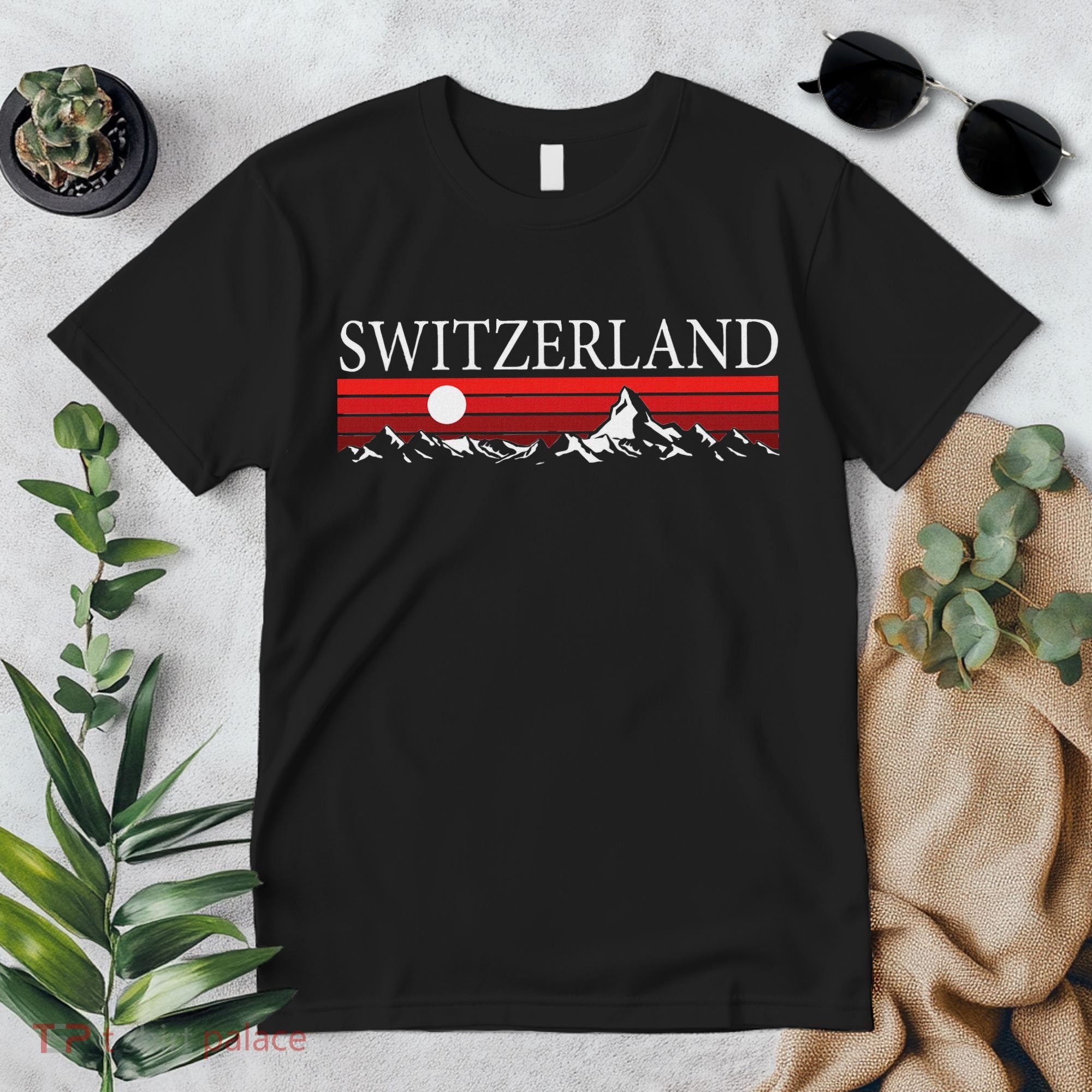 Swiss Alps And Red Sunset Switzerland Mountains Premium T-Shirt