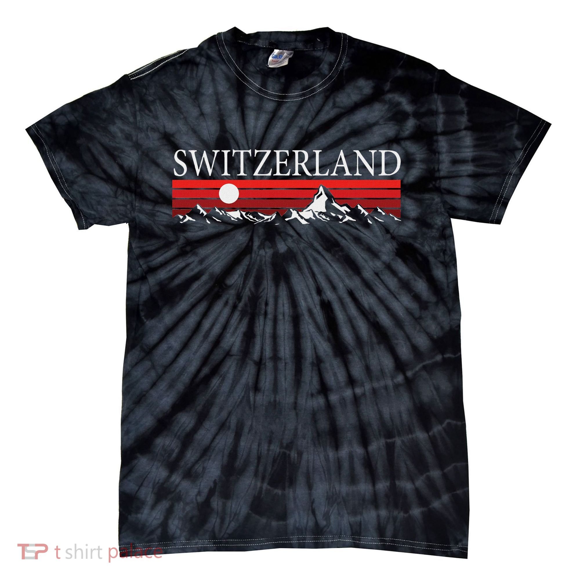 Swiss Alps And Red Sunset Switzerland Mountains Tie-Dye T-Shirt