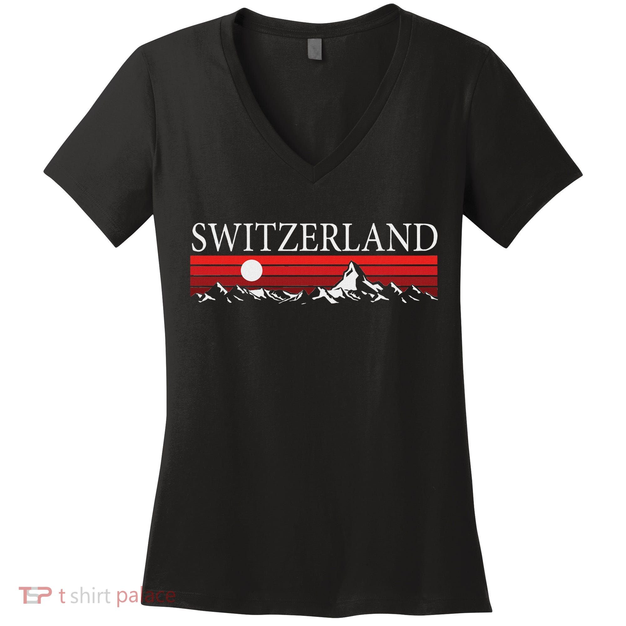 Swiss Alps And Red Sunset Switzerland Mountains Women's V-Neck T-Shirt