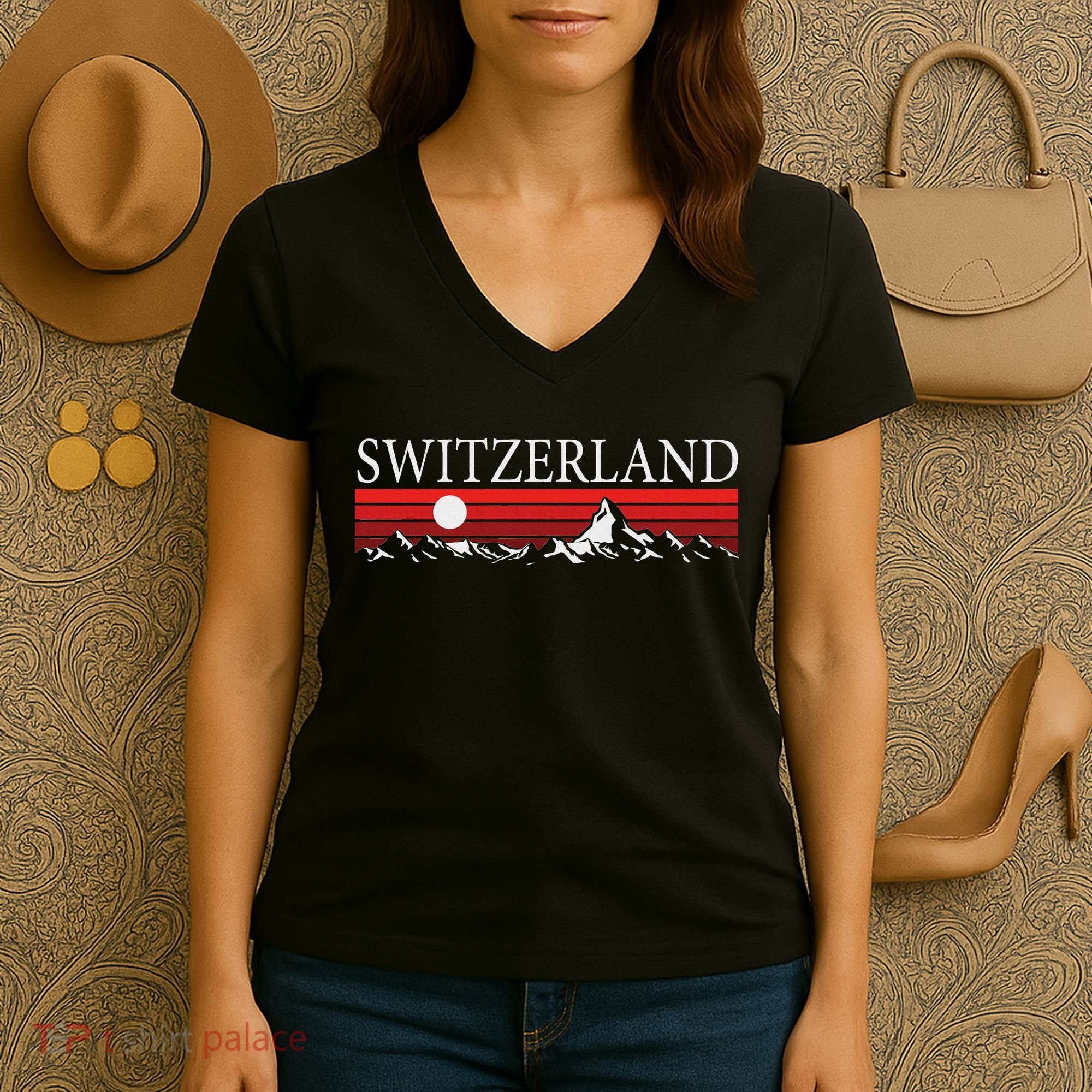 Swiss Alps And Red Sunset Switzerland Mountains Women's V-Neck T-Shirt