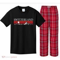 Swiss Alps And Red Sunset Switzerland Mountains Kids Plaid Pajama Set thumb 0