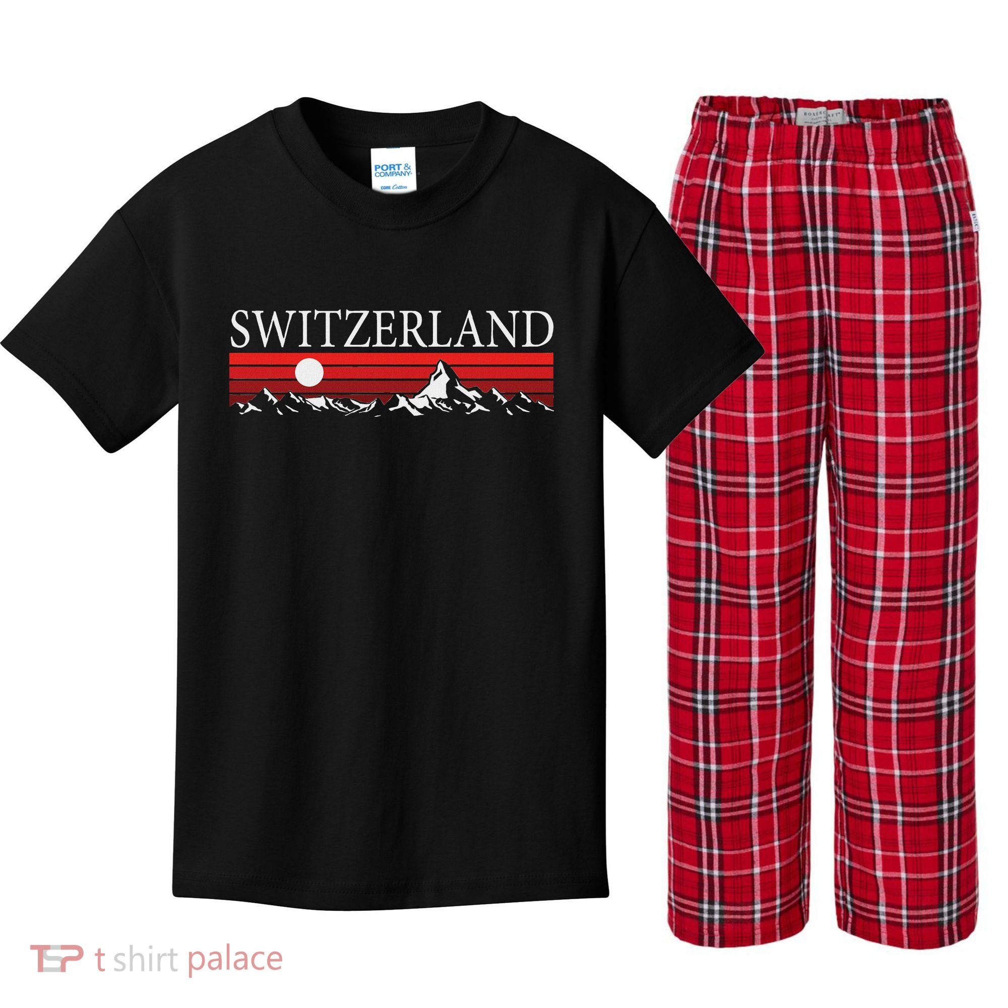 Swiss Alps And Red Sunset Switzerland Mountains Kids Plaid Pajama Set