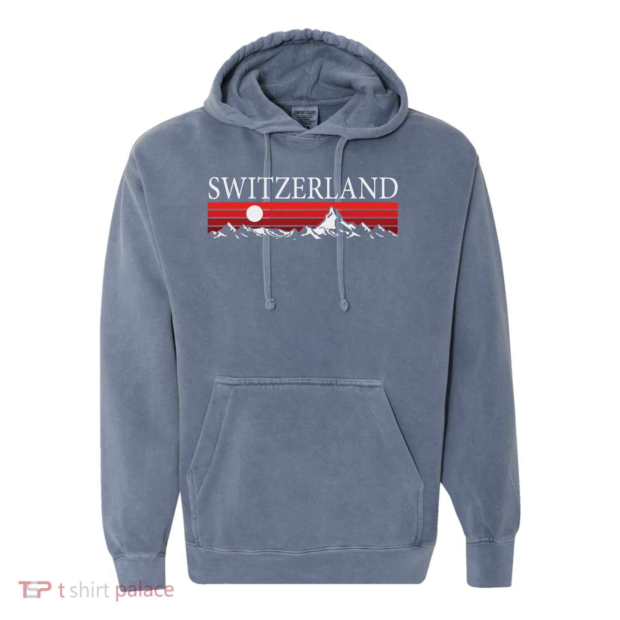 Swiss Alps And Red Sunset Switzerland Mountains Comfort Colors Garment-Dyed Hooded Sweatshirt