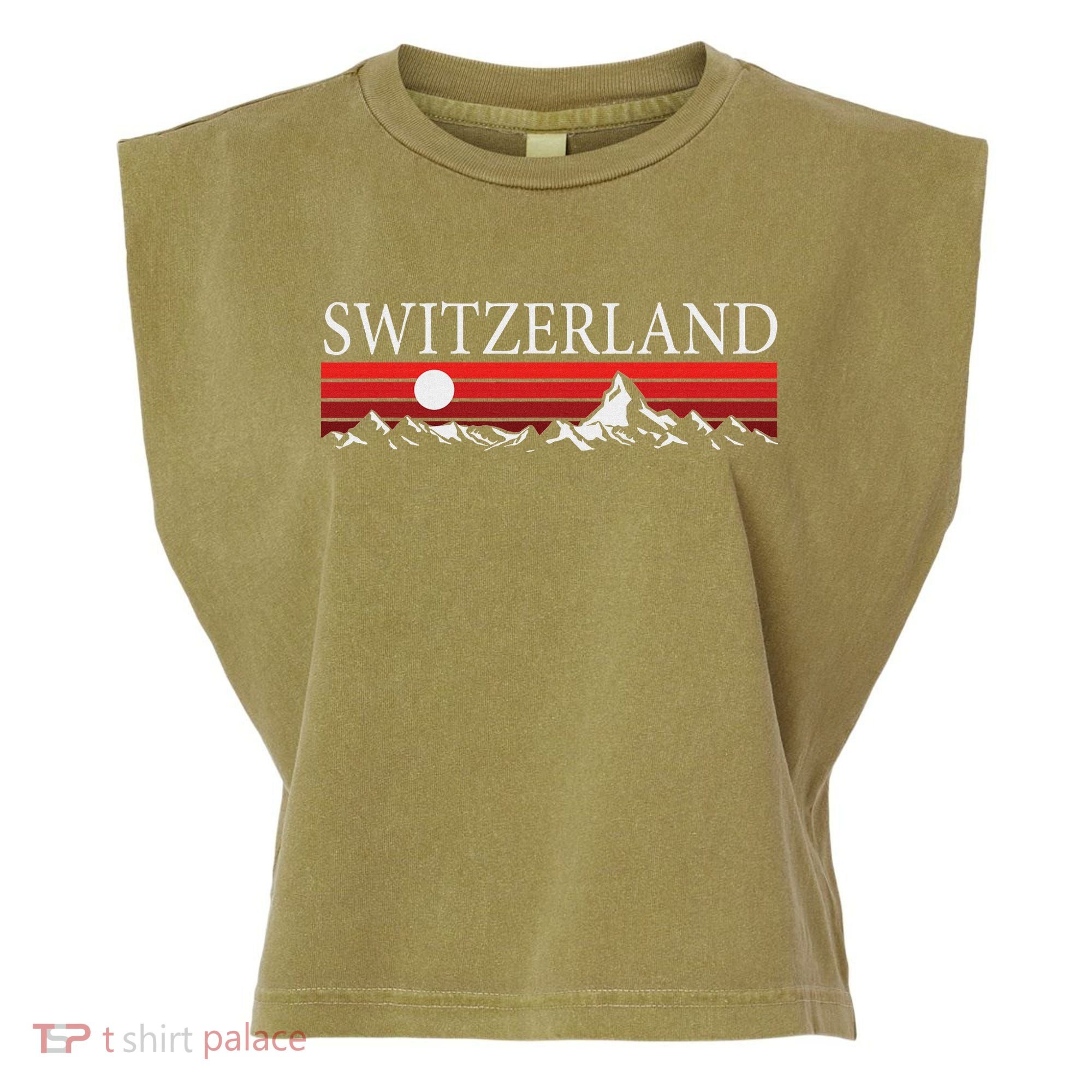 Swiss Alps And Red Sunset Switzerland Mountains Garment-Dyed Women's Muscle Tee