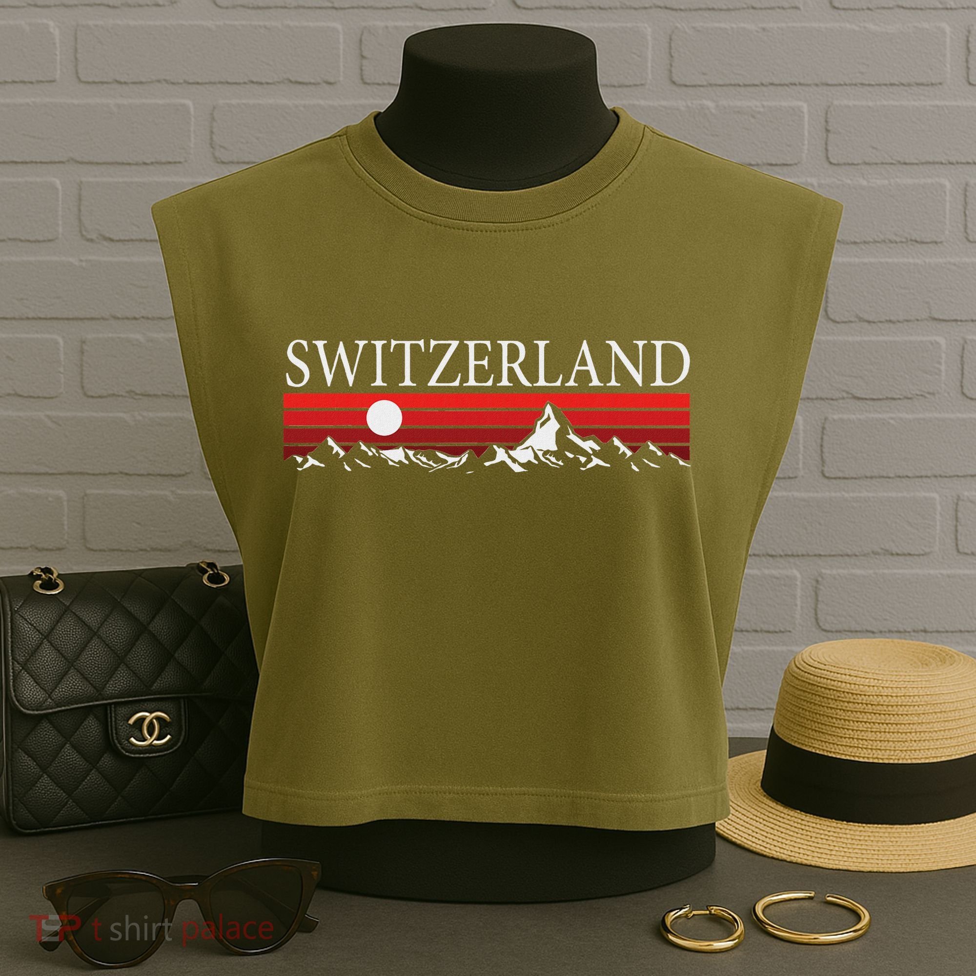 Swiss Alps And Red Sunset Switzerland Mountains Garment-Dyed Women's Muscle Tee