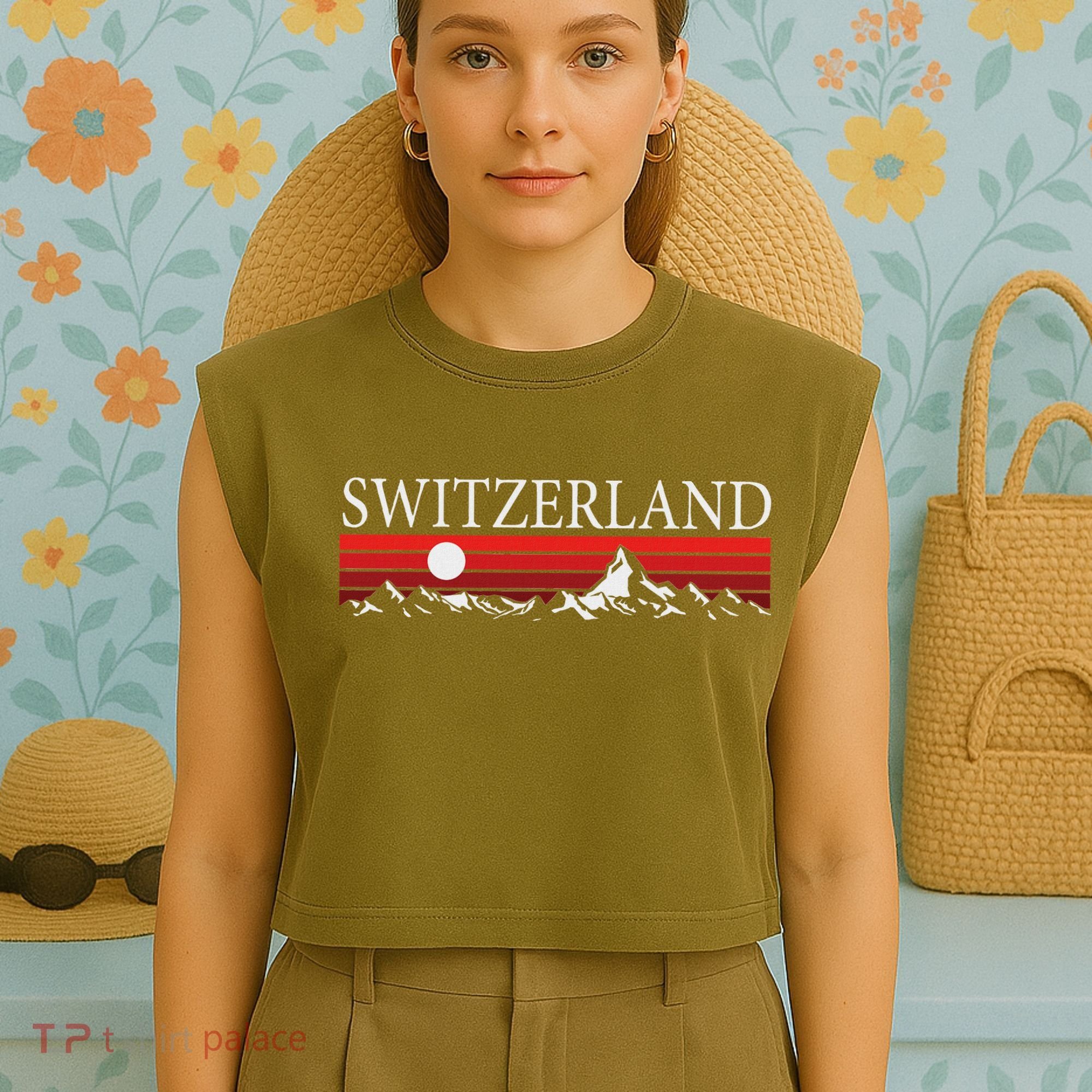 Swiss Alps And Red Sunset Switzerland Mountains Garment-Dyed Women's Muscle Tee