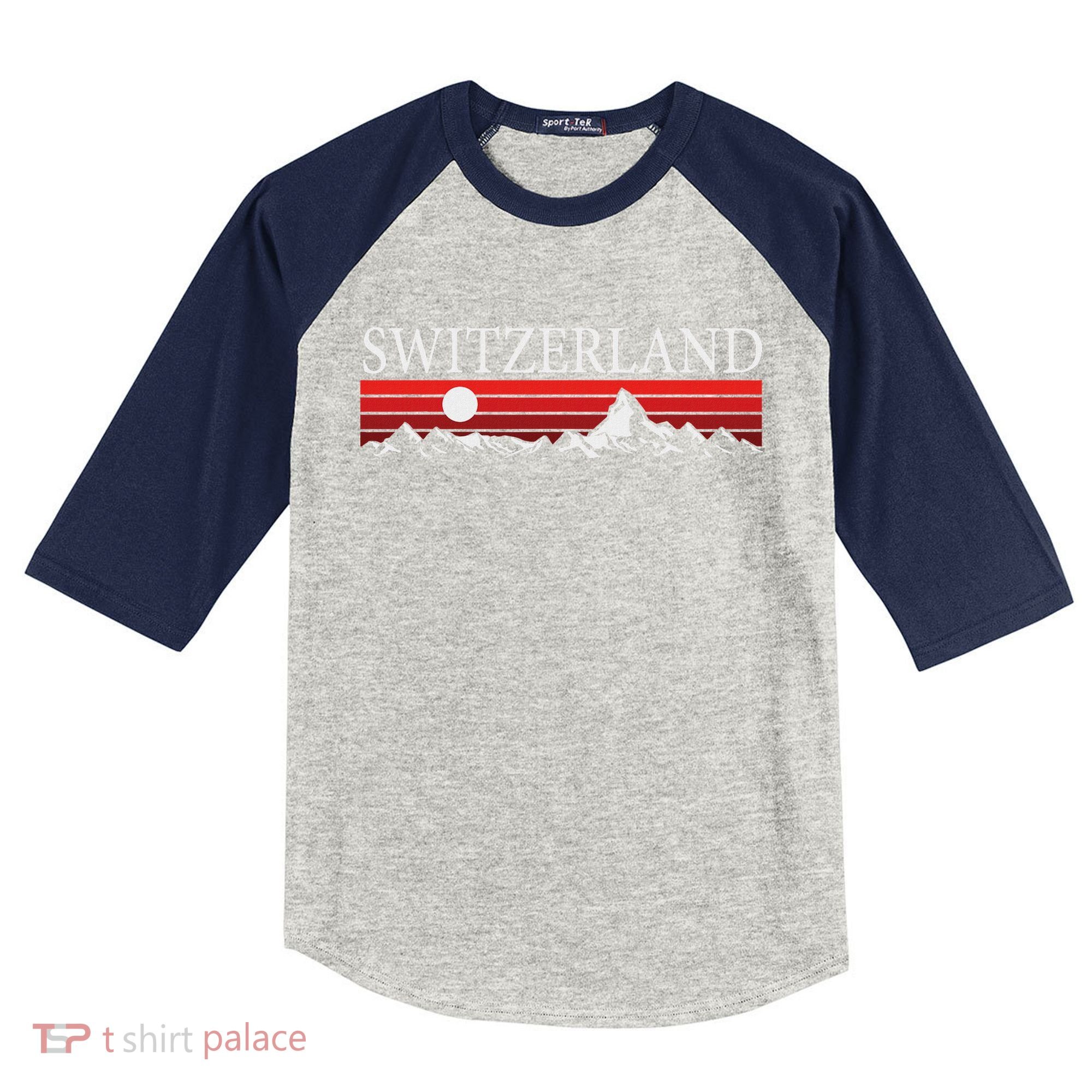 Swiss Alps And Red Sunset Switzerland Mountains Kids Colorblock Raglan Jersey