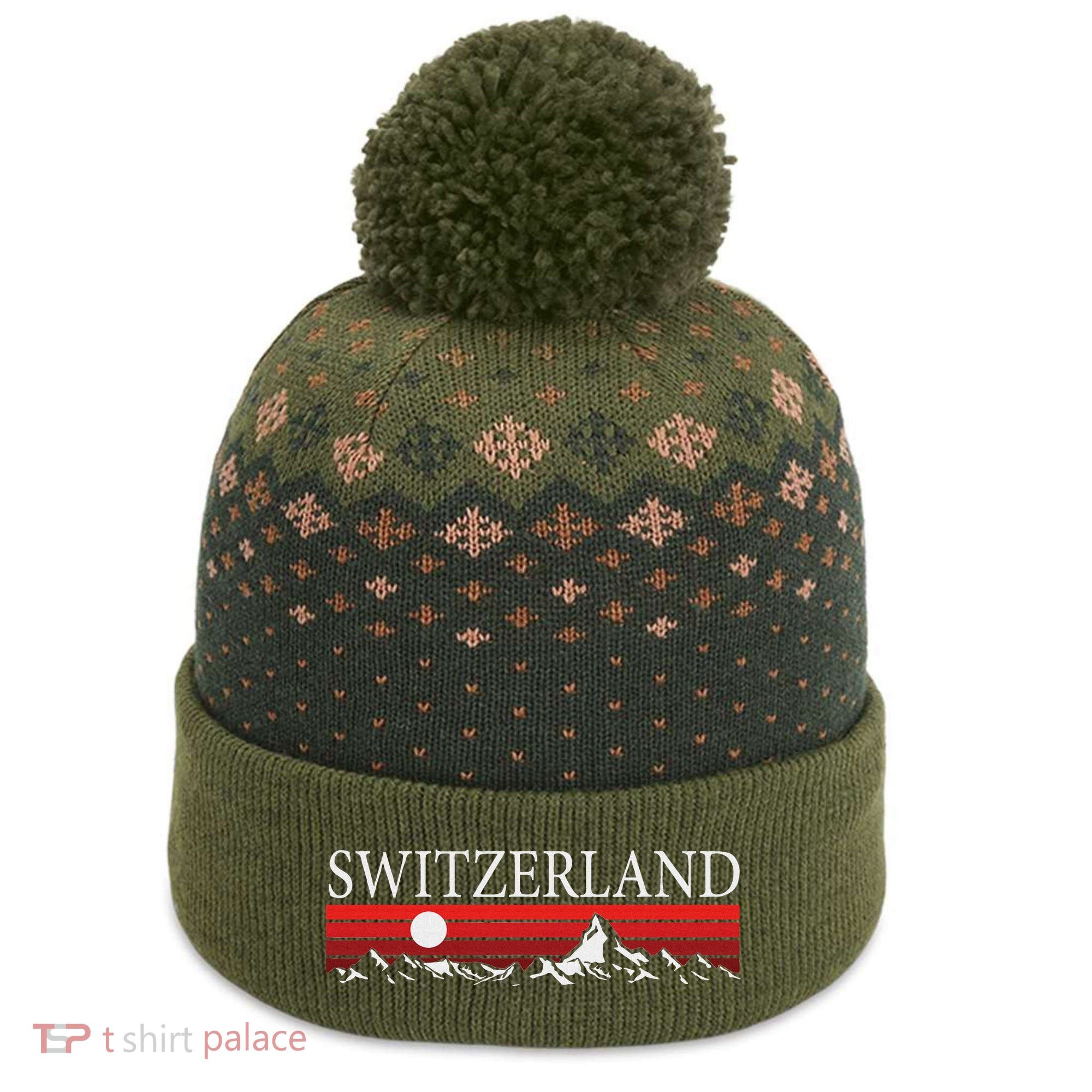 Swiss Alps And Red Sunset Switzerland Mountains The Baniff Cuffed Pom Beanie