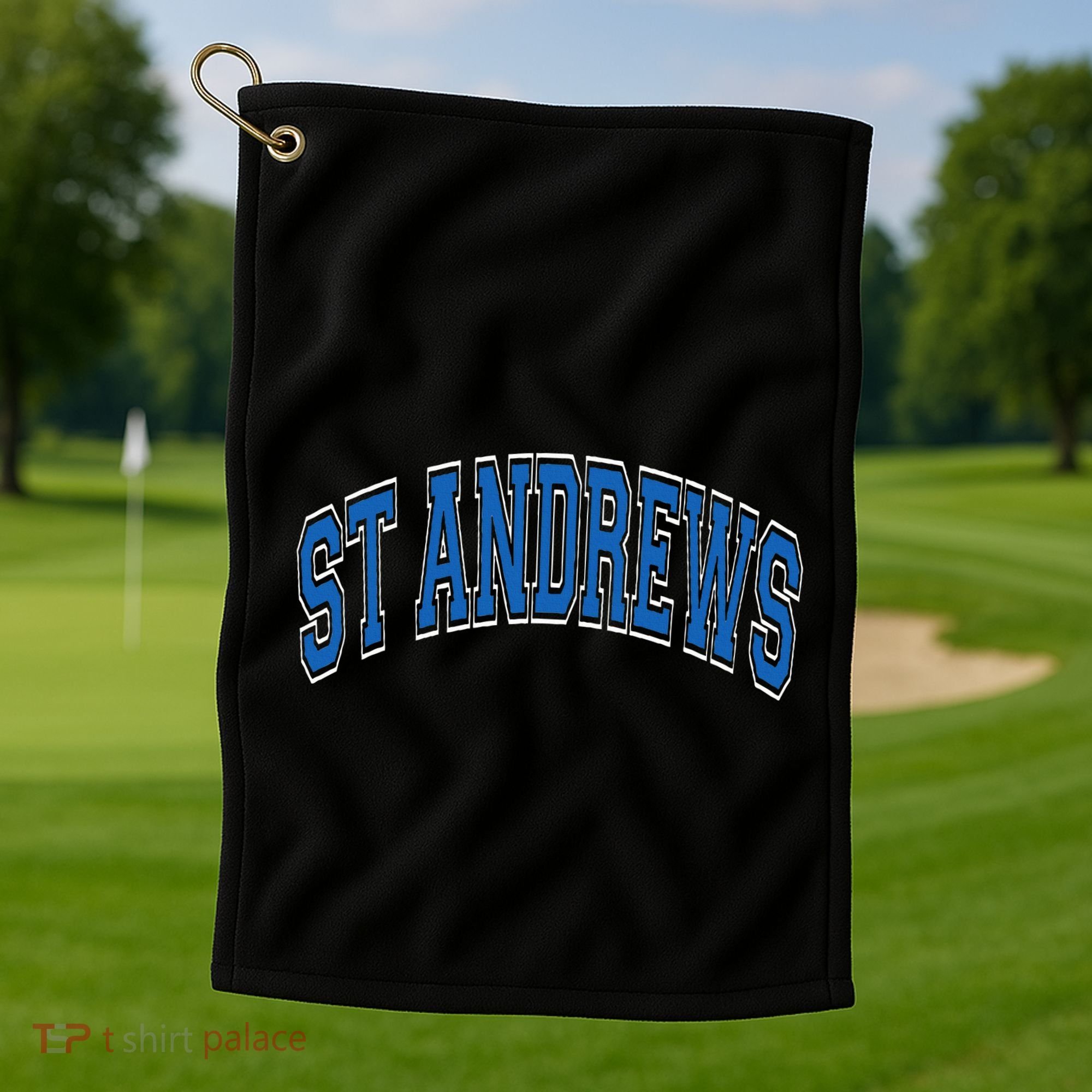 St Andrews Arched Blue Text Golf Towel