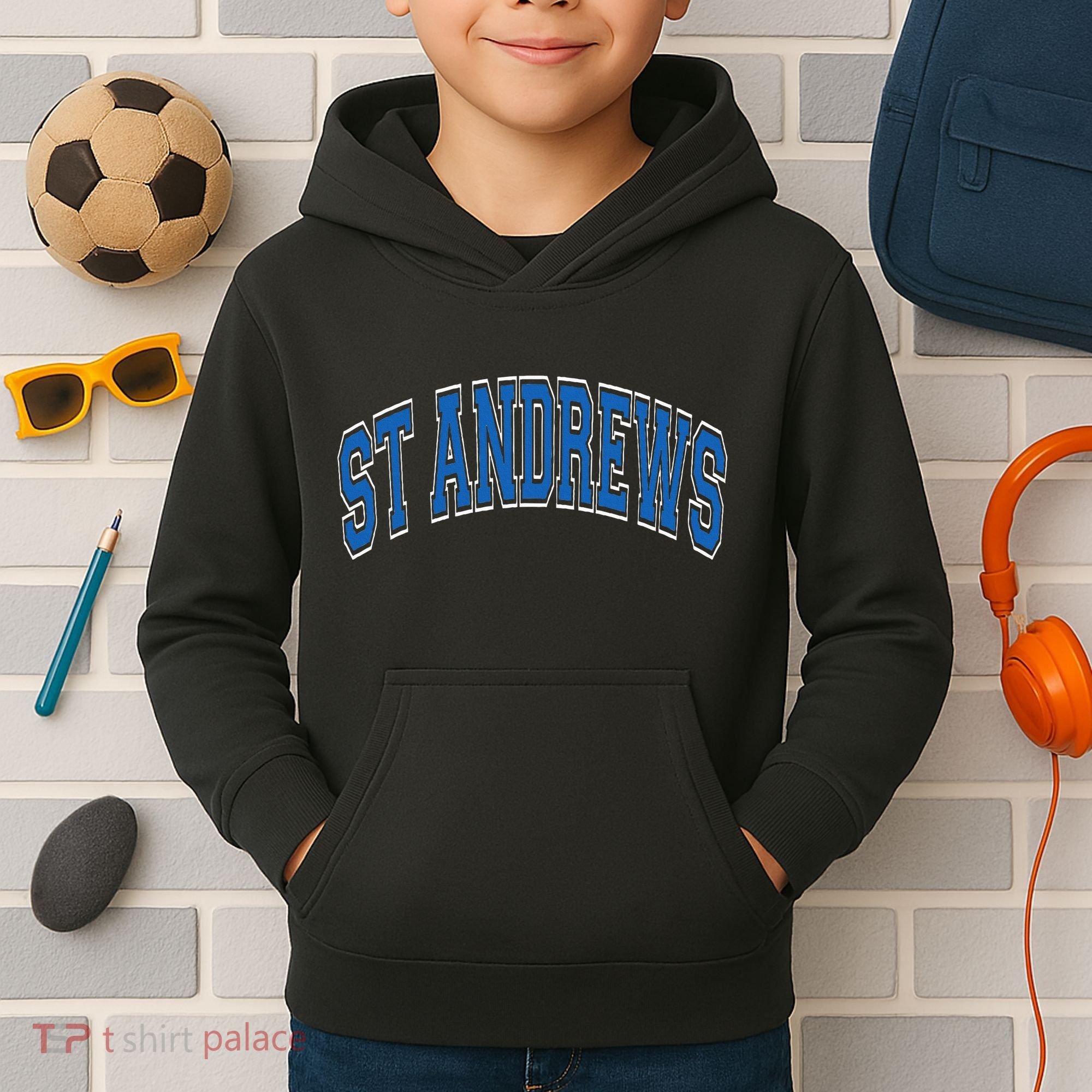 St Andrews Arched Blue Text Kids Hoodie