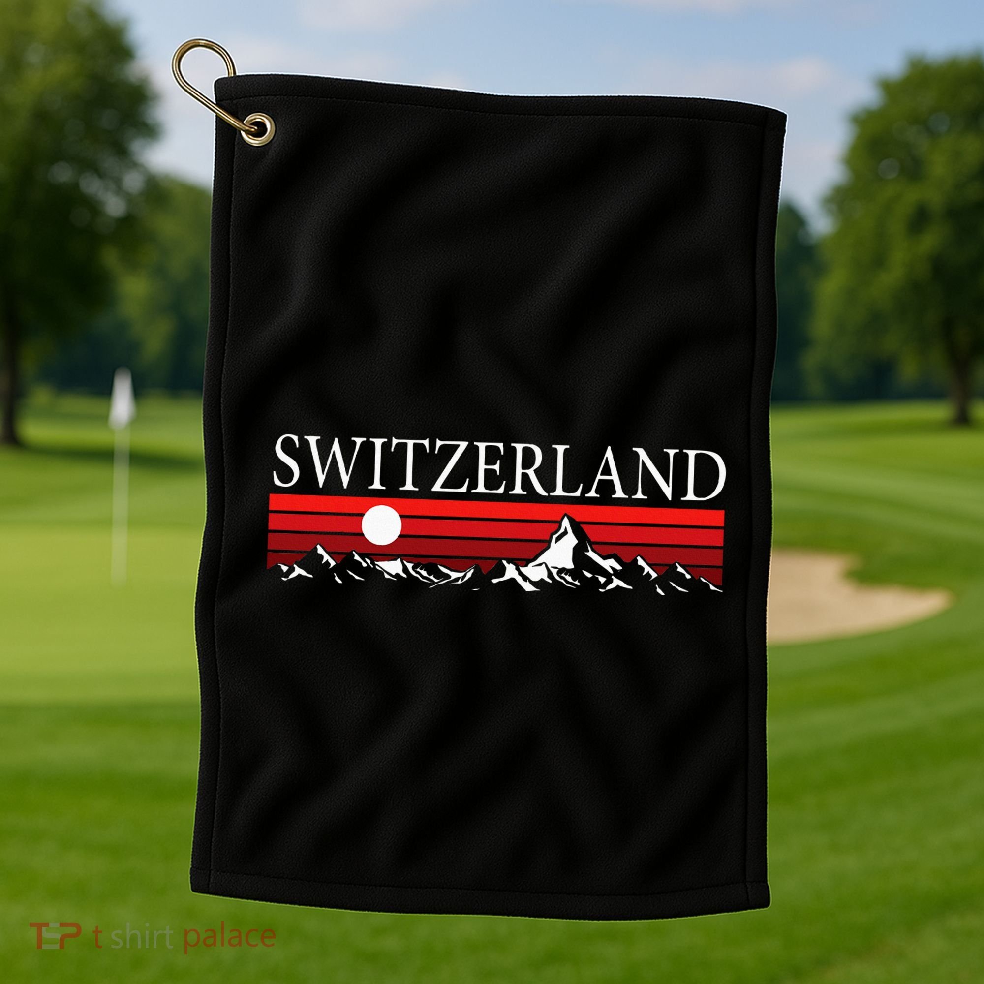 Swiss Alps And Red Sunset Switzerland Mountains Golf Towel