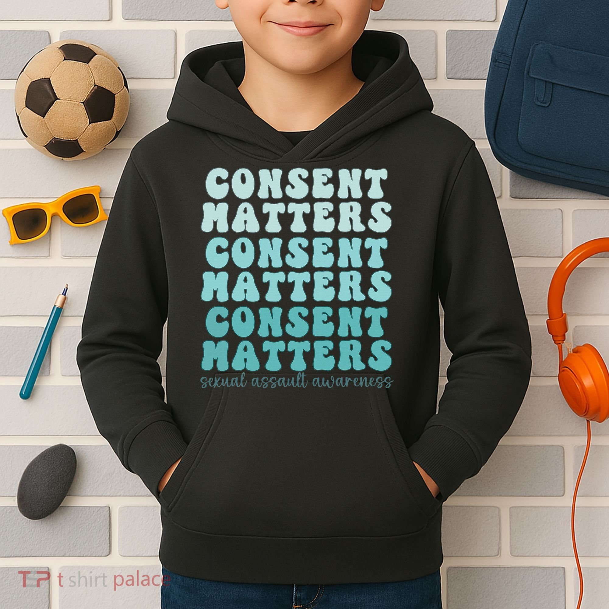 Sexual Assault Awareness Month Consent Matters Teal Ribbon Kids Hoodie