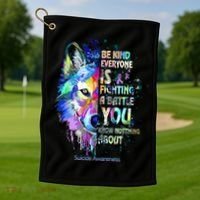 Suicide Awareness Be Kind Everyone Is Fighting A Battle Wolf Golf Towel thumb 1