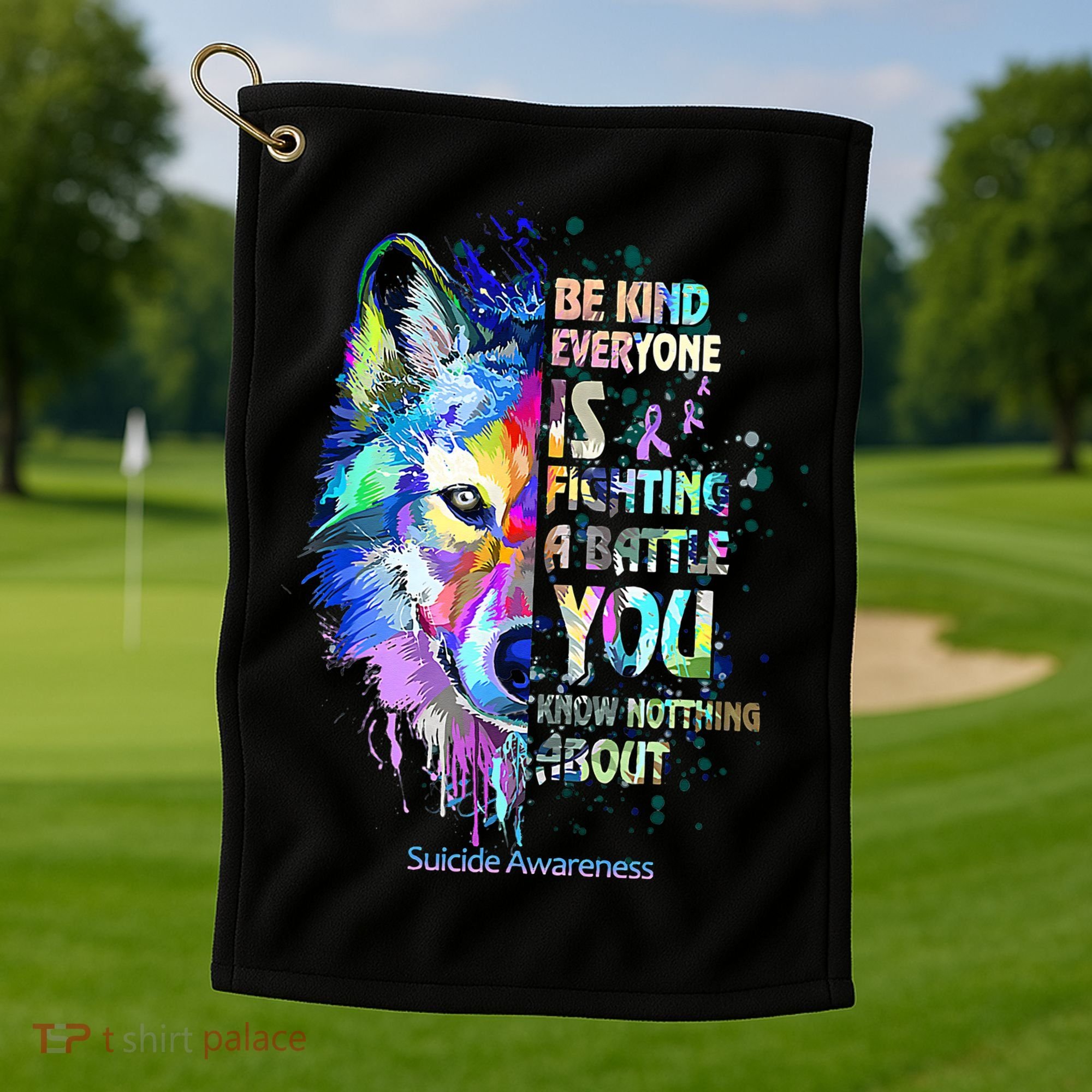 Suicide Awareness Be Kind Everyone Is Fighting A Battle Wolf Golf Towel