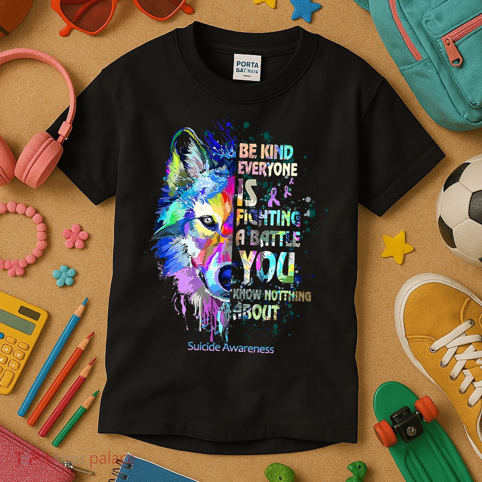 Suicide Awareness Be Kind Everyone Is Fighting A Battle Wolf Kids T-Shirt