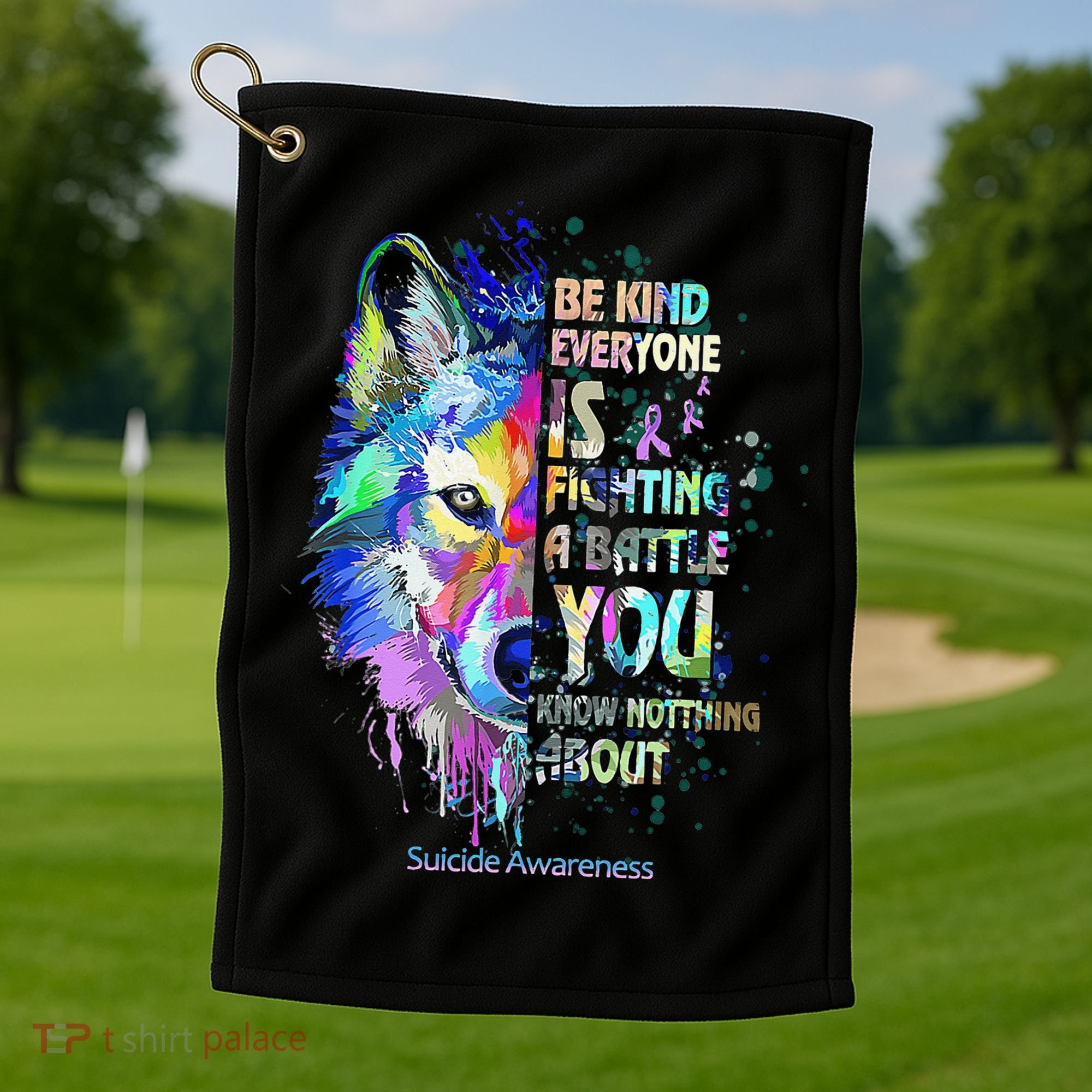 Suicide Awareness Be Kind Everyone Is Fighting A Battle Wolf Golf Towel