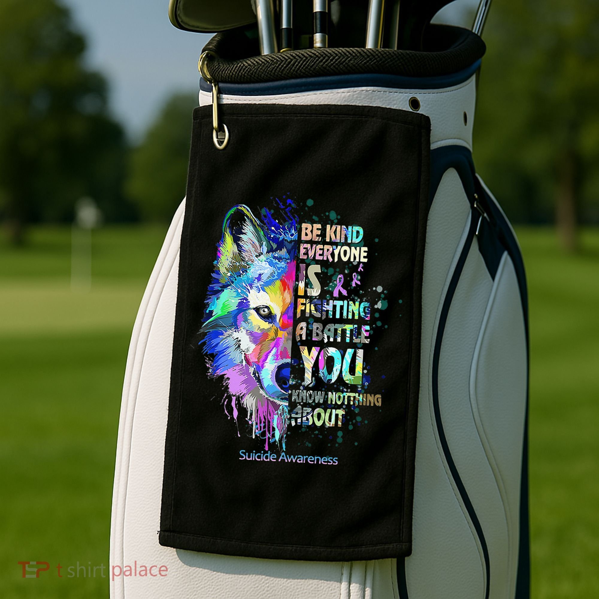 Suicide Awareness Be Kind Everyone Is Fighting A Battle Wolf Golf Towel