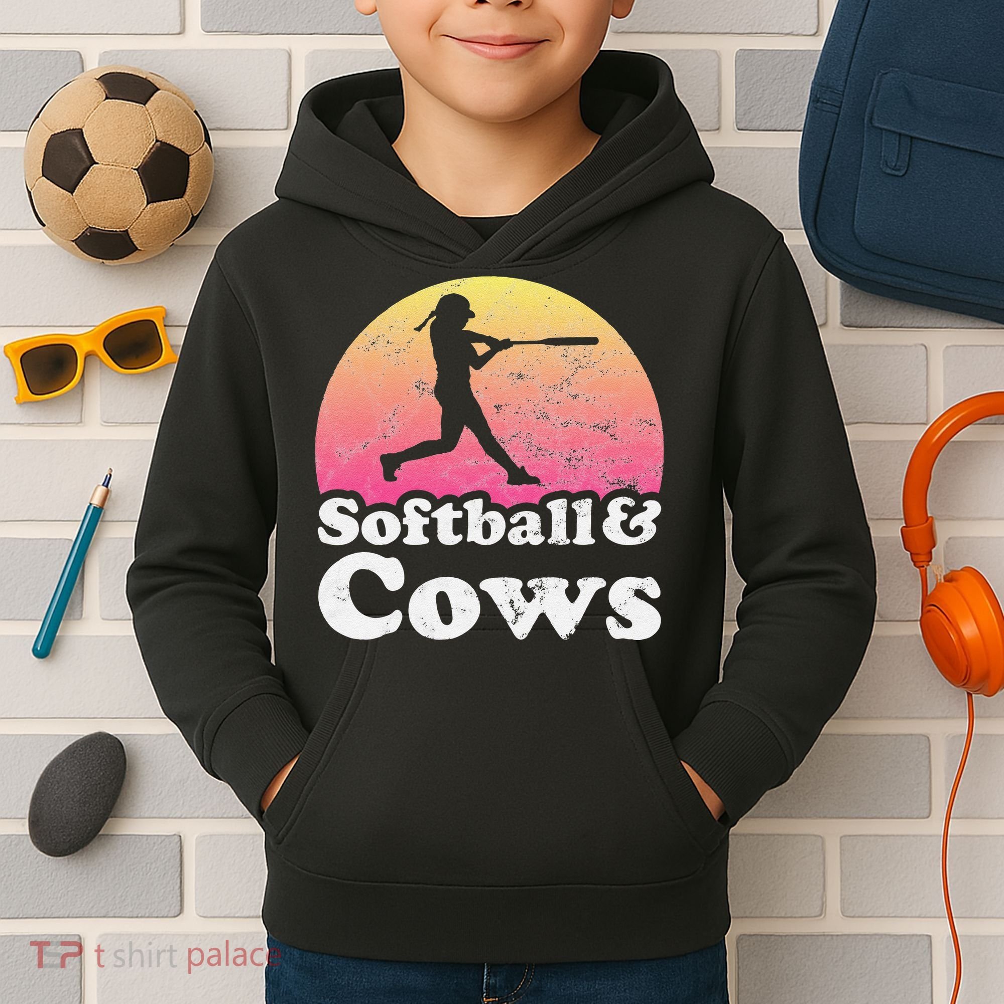 Softball and Cows  or Girls Cow Kids Hoodie
