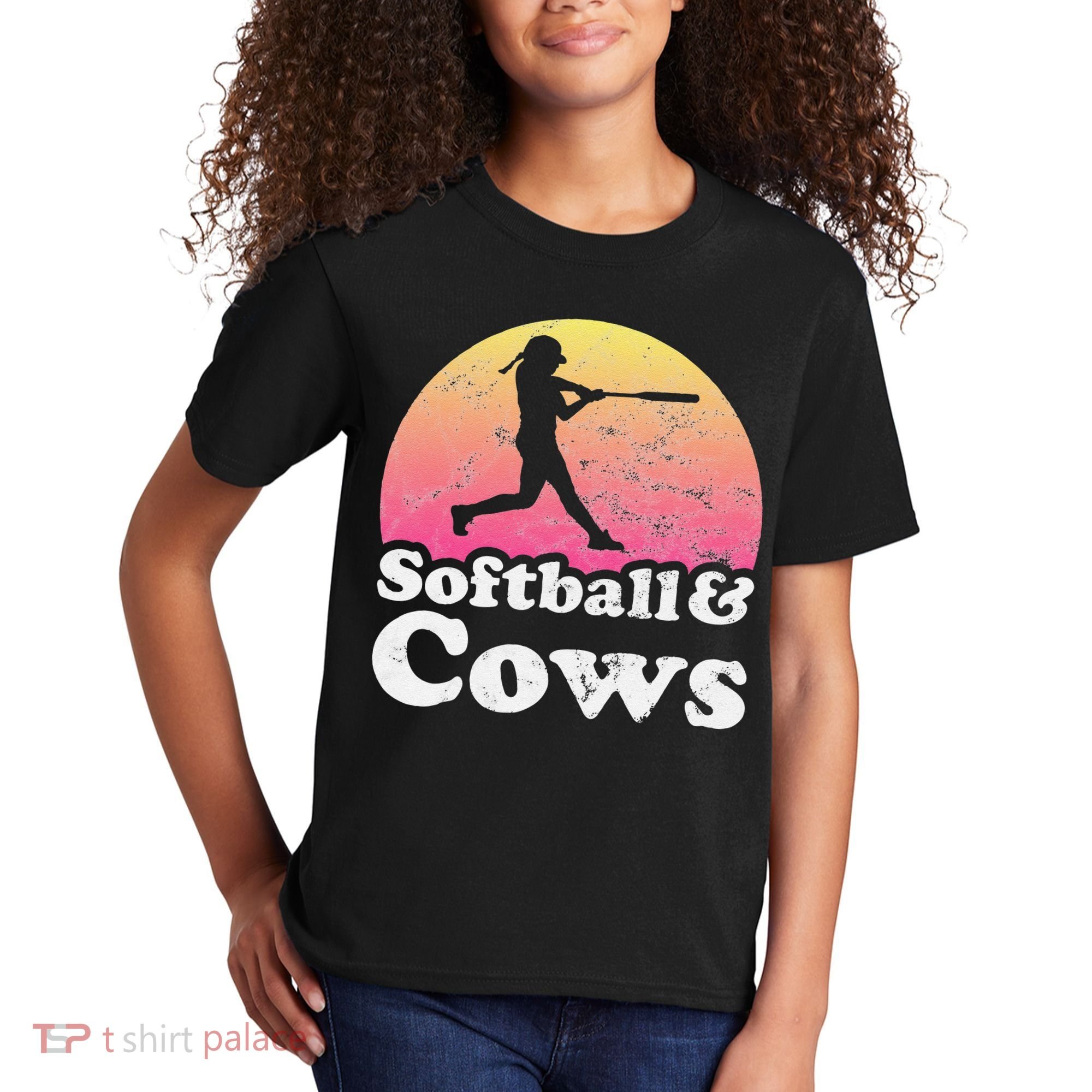 Softball and Cows  or Girls Cow Kids T-Shirt