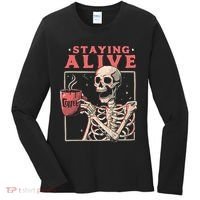 Staying Alive Coffee Lovers Funny Skeleton Funny Skull Skeleton Lovers Women's Long Sleeve Shirt thumb 0