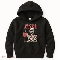 Staying Alive Coffee Lovers Funny Skeleton Funny Skull Skeleton Lovers Kids Hoodie thumb 0